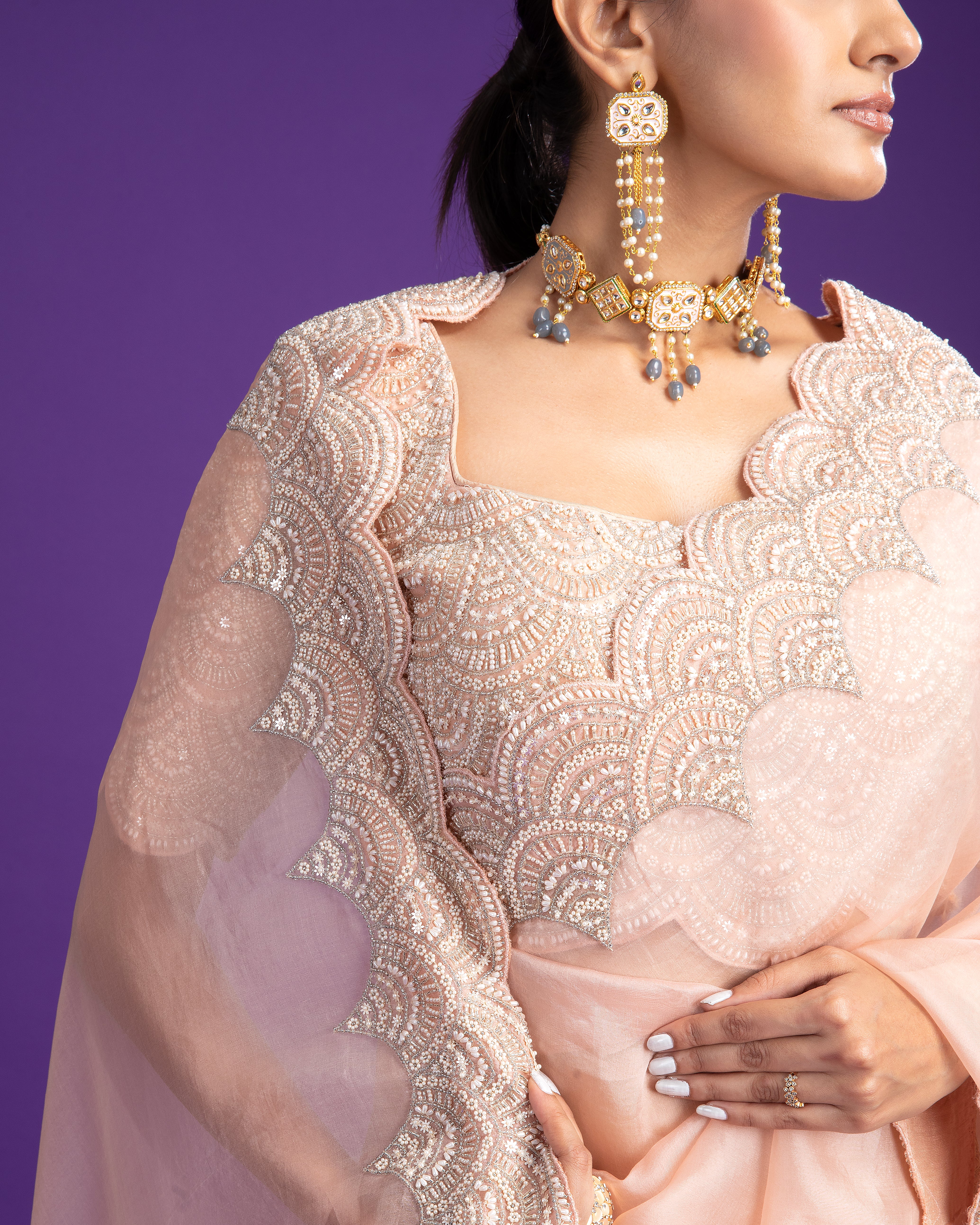 Soft Pink Organza Saree with Scalloped Embroidery - Mokshaa