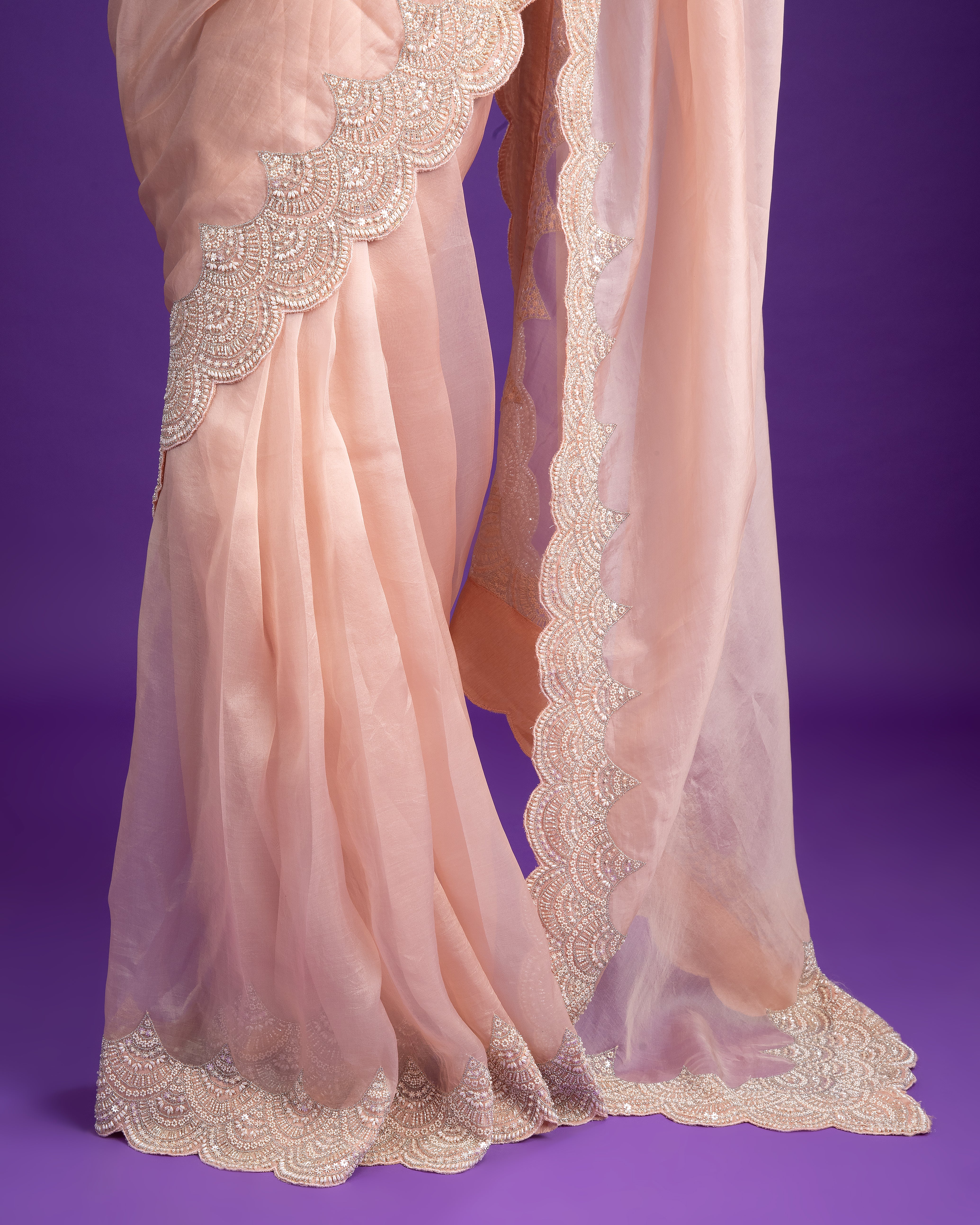 Soft Pink Organza Saree with Scalloped Embroidery - Mokshaa