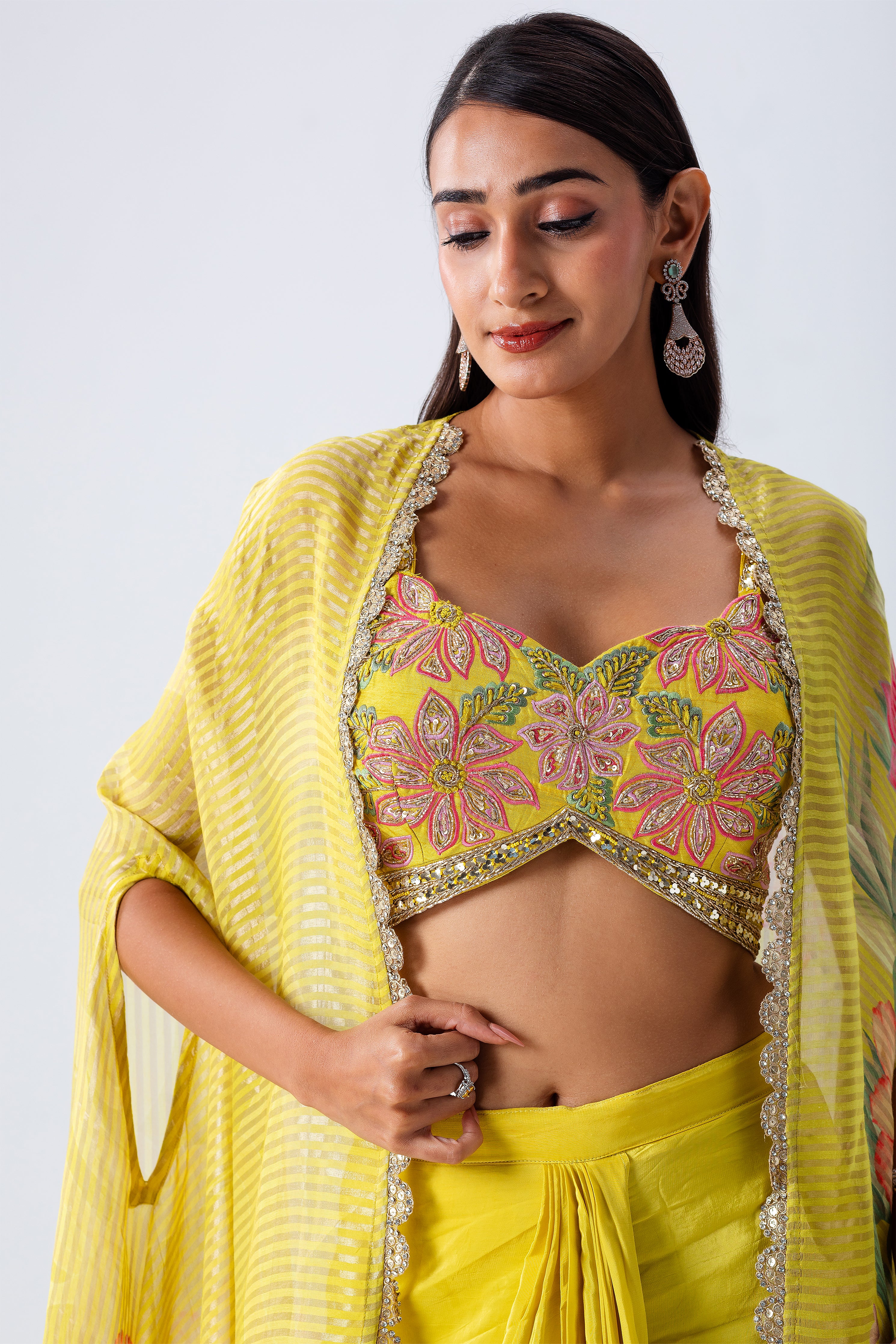 Yellow Cape Skirt Set - Mokshaa