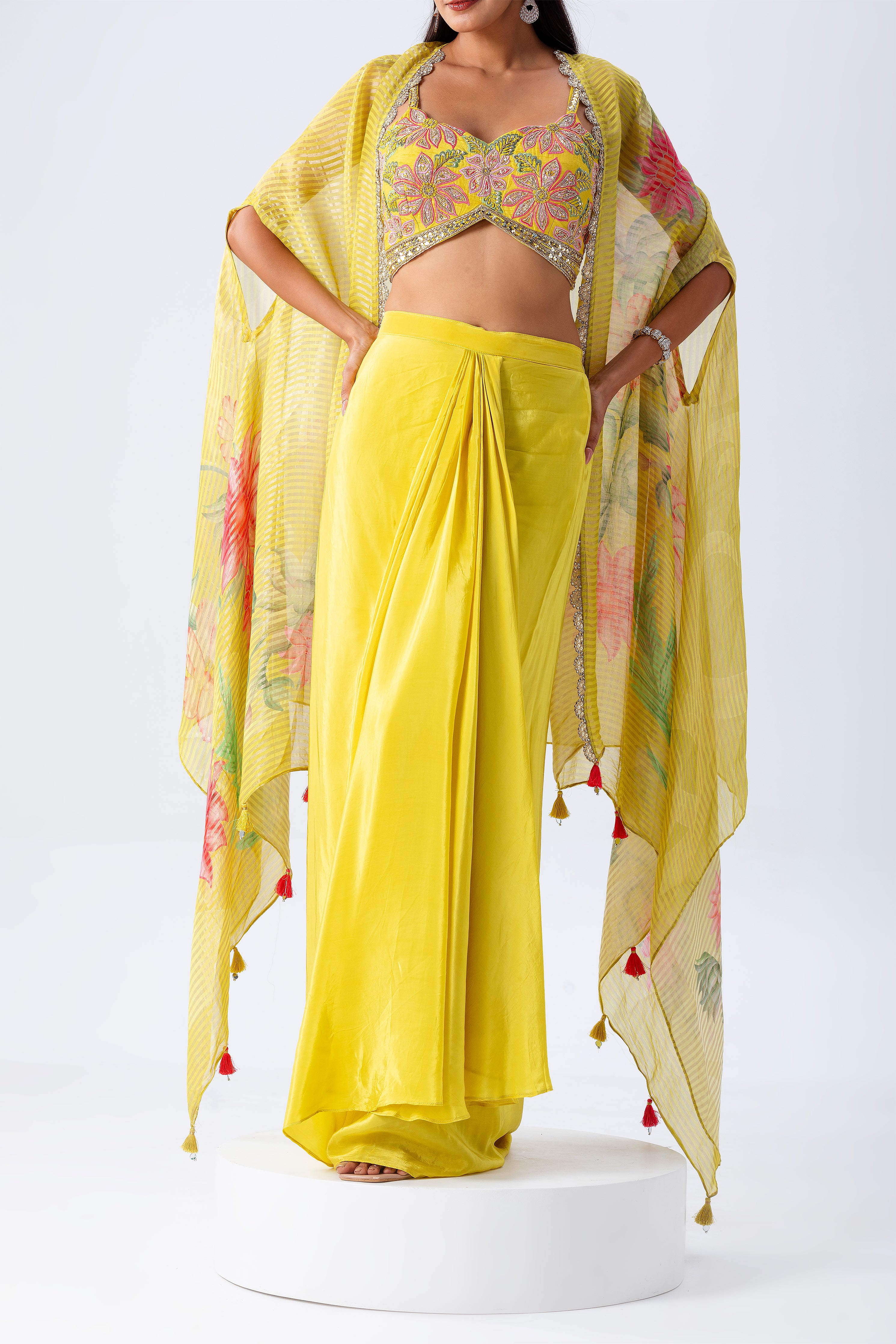 Yellow Cape Skirt Set - Mokshaa