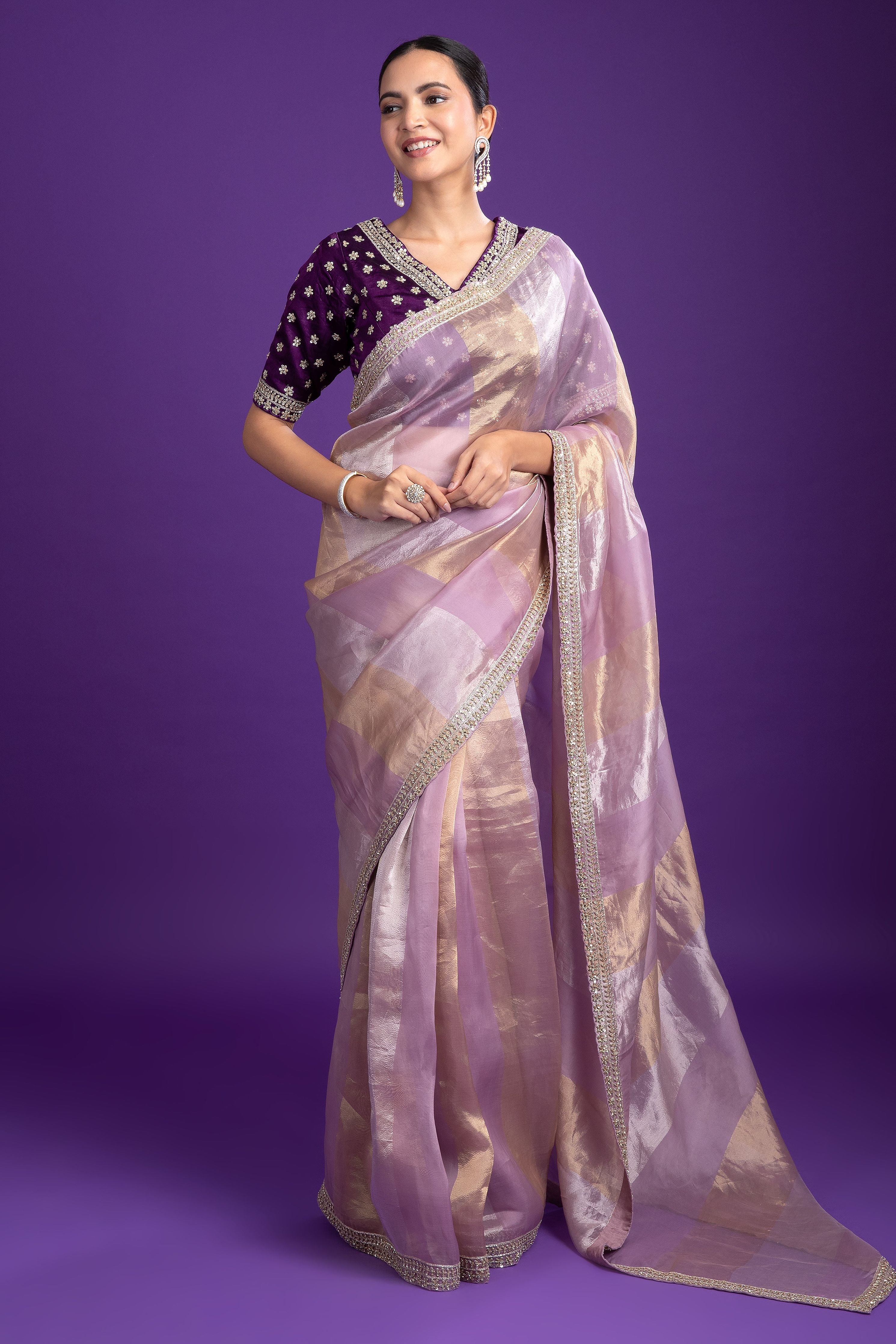 Lilac Tissue Organza Saree with Zari Detailing - Mokshaa