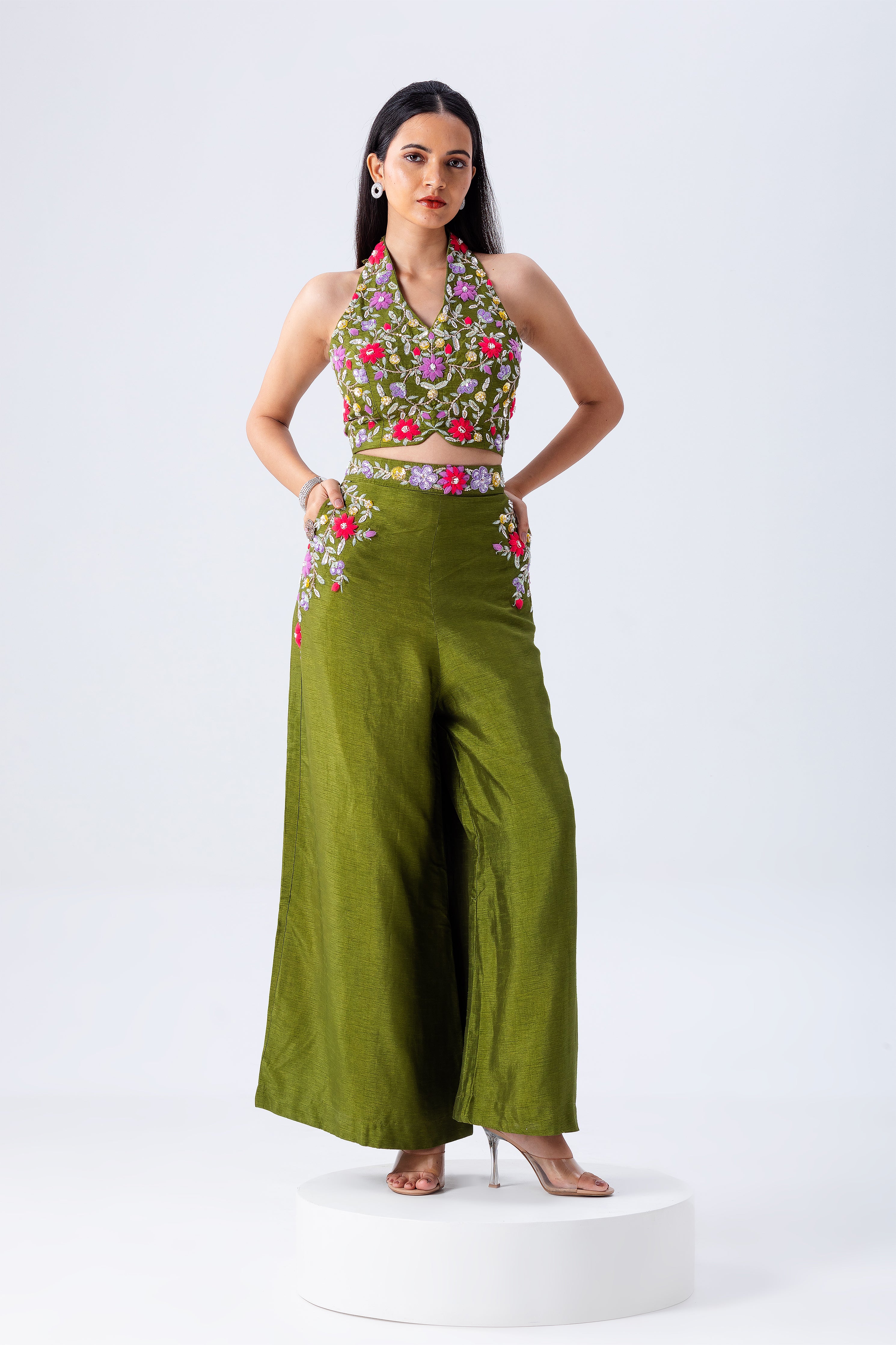 Olive Green Crop Top And Palazzo Set - Mokshaa