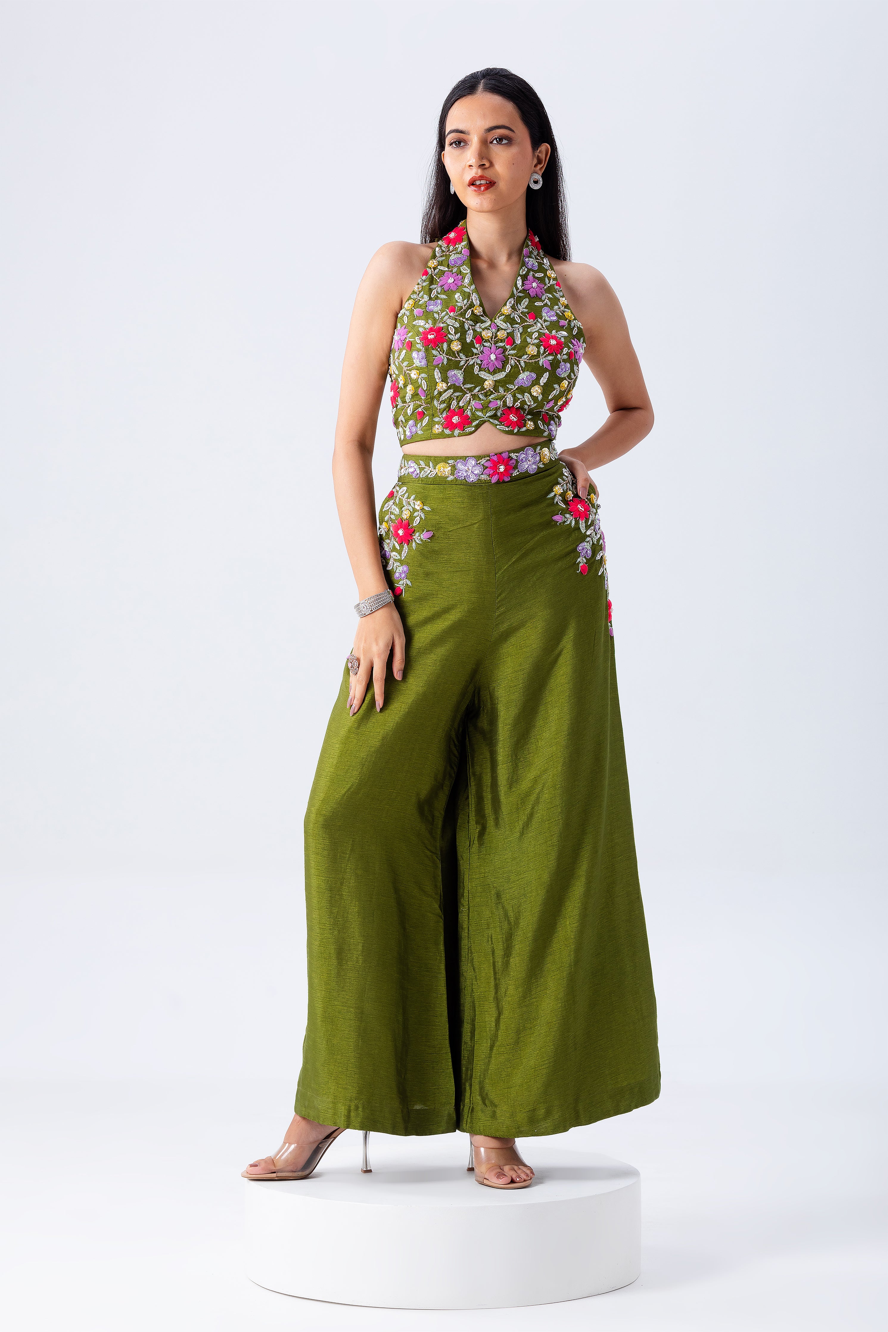 Olive Green Crop Top and Palazzo Set