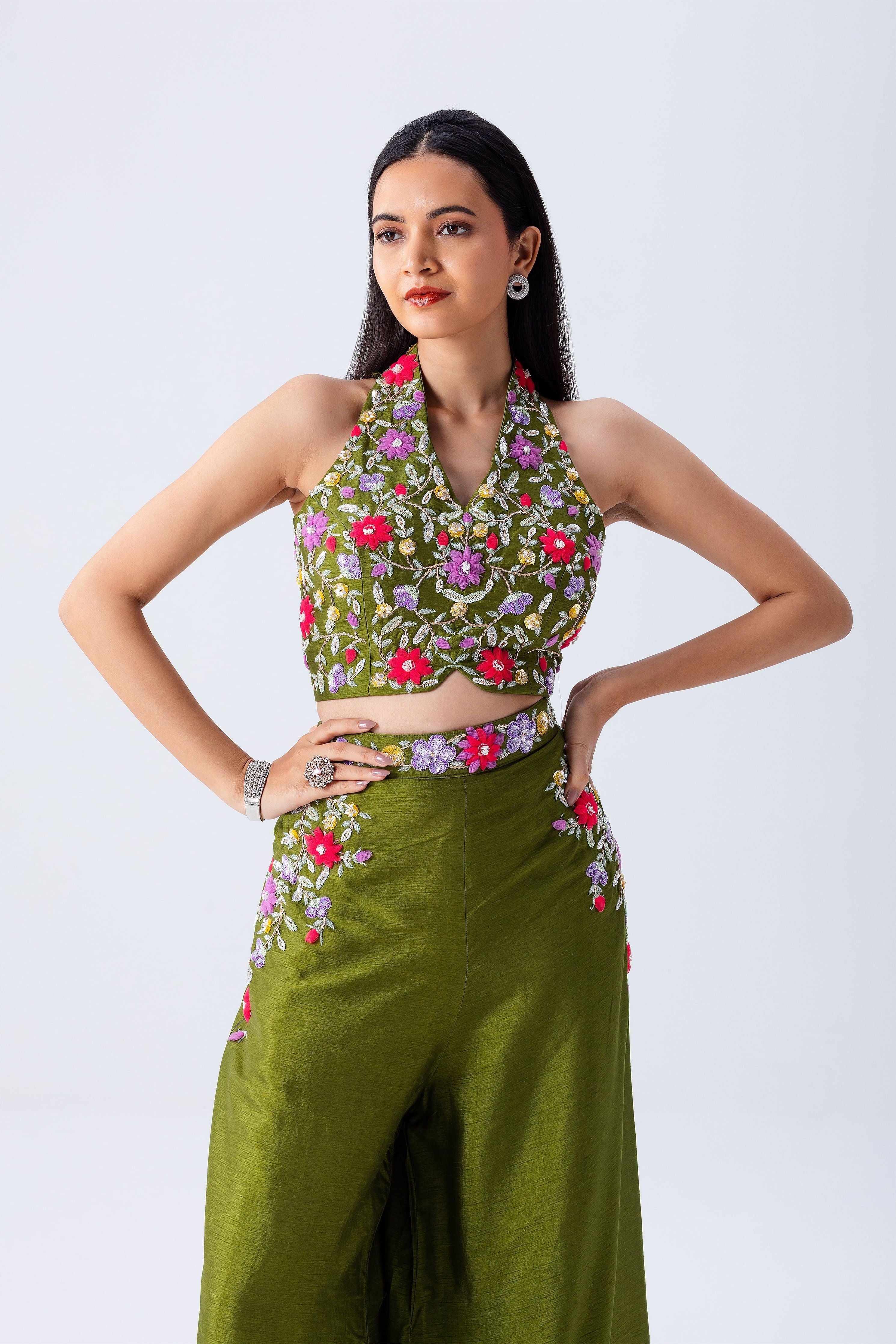 Olive Green Crop Top And Palazzo Set - Mokshaa