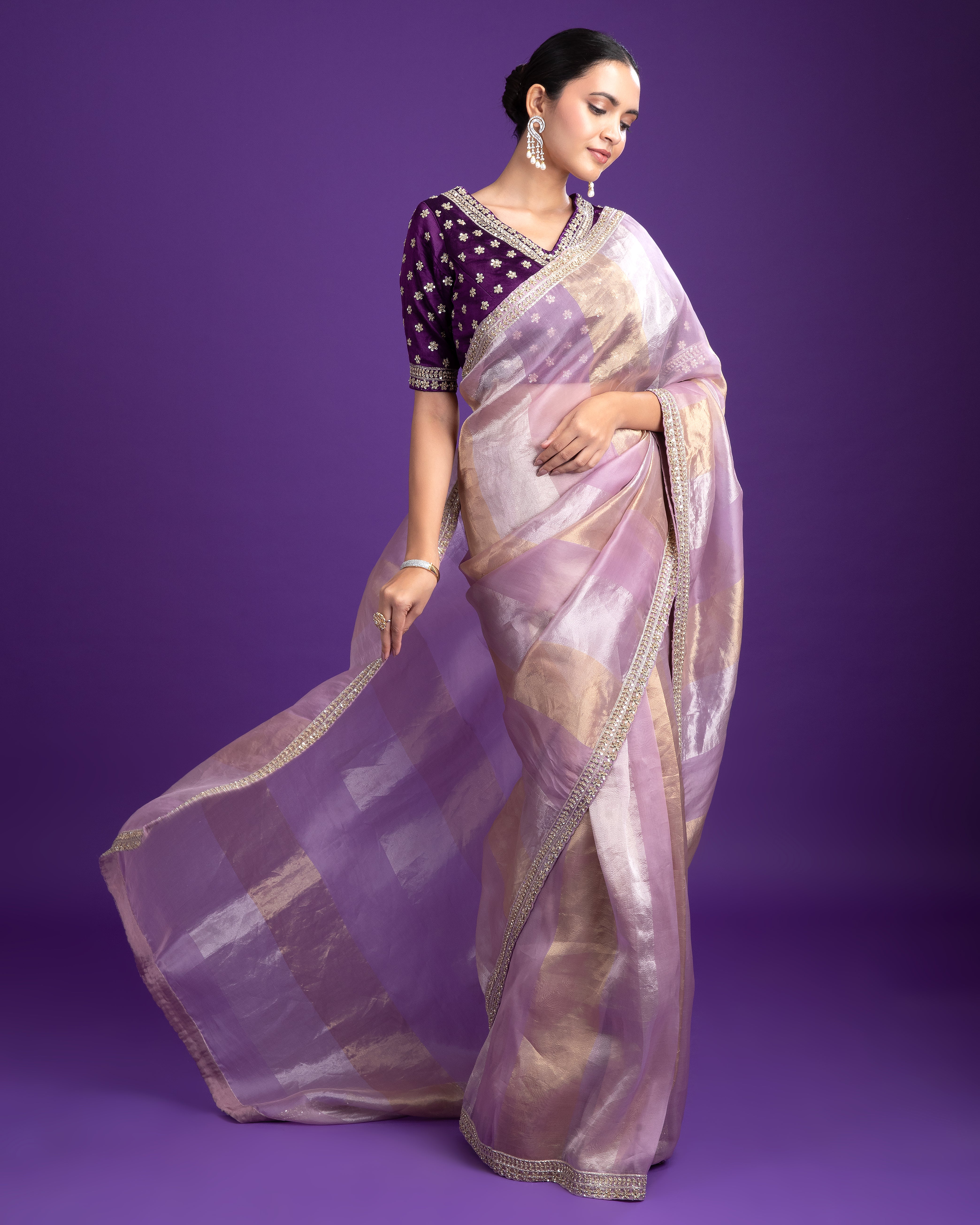 Lilac Tissue Organza Saree with Zari Detailing - Mokshaa