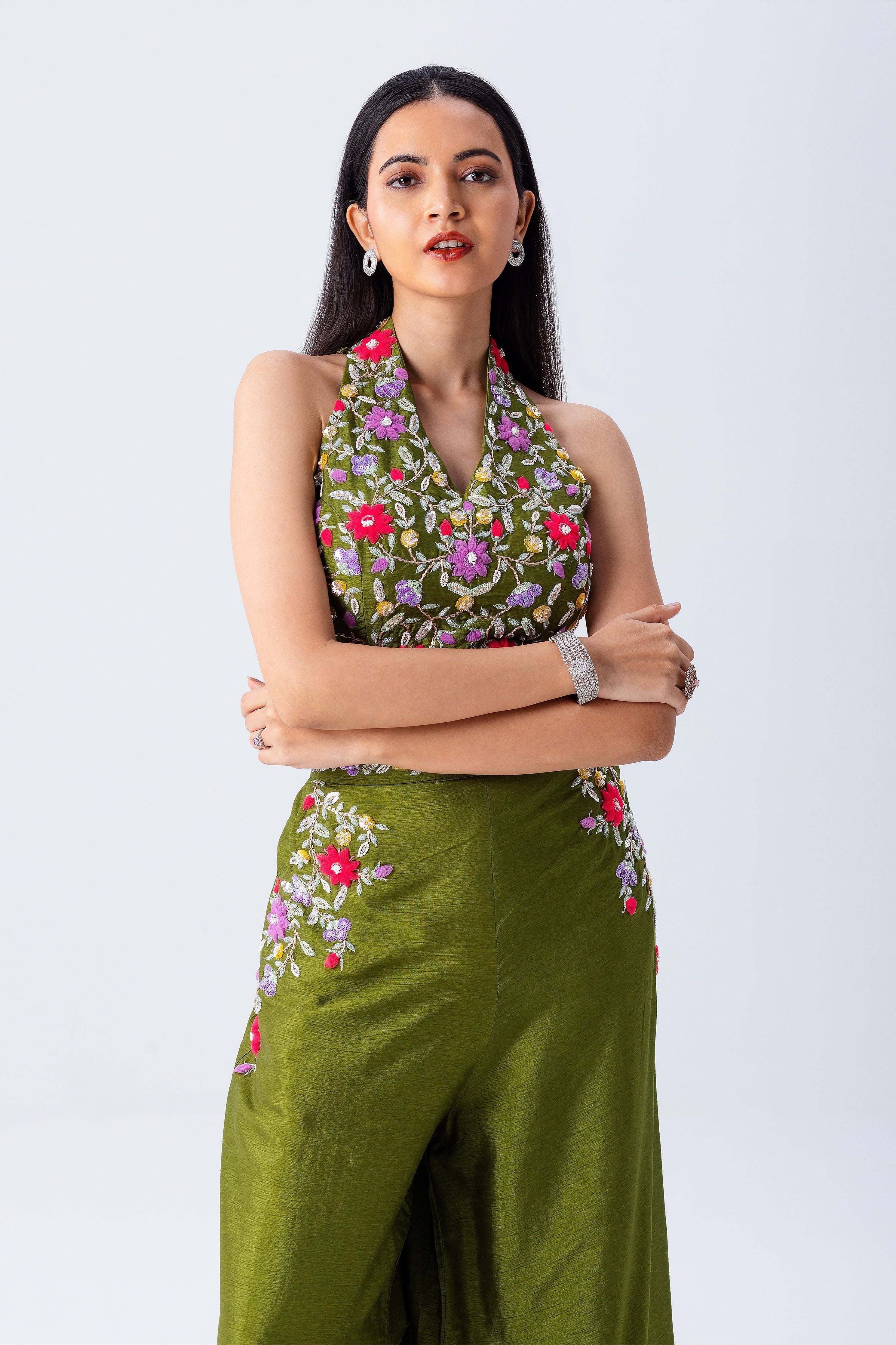 Olive Green Crop Top And Palazzo Set - Mokshaa
