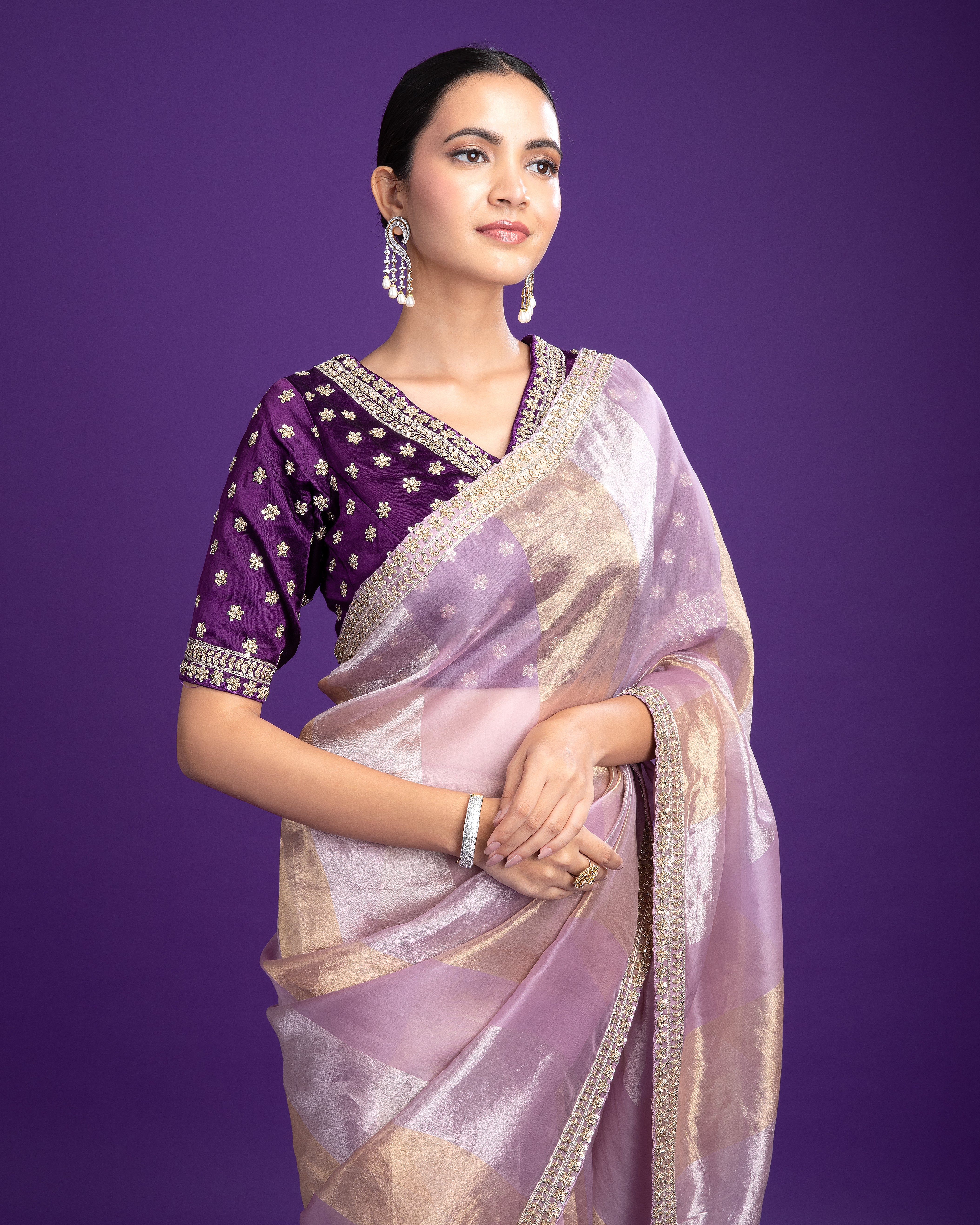 Lilac Tissue Organza Saree with Zari Detailing - Mokshaa