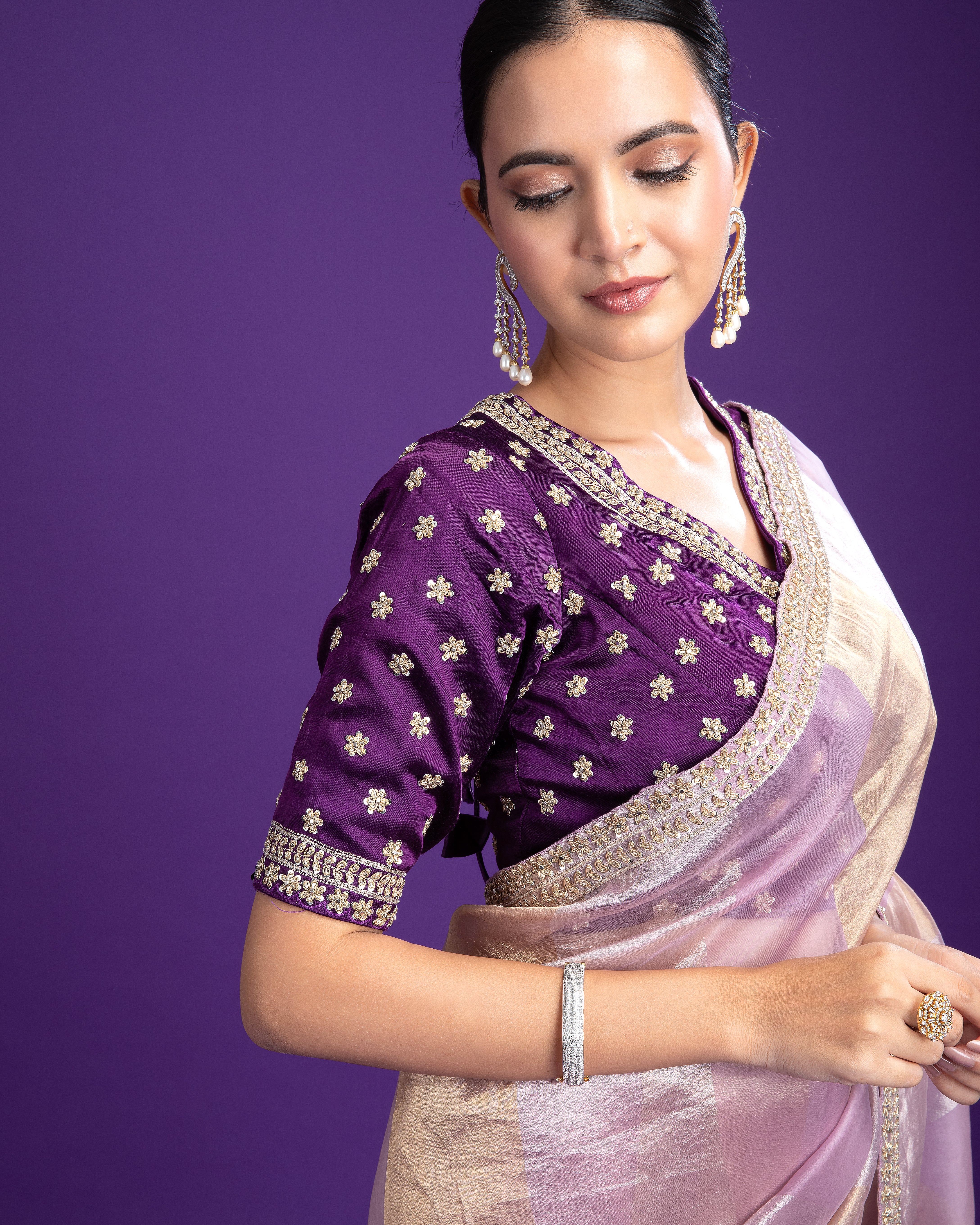 Lilac Tissue Organza Saree with Zari Detailing - Mokshaa