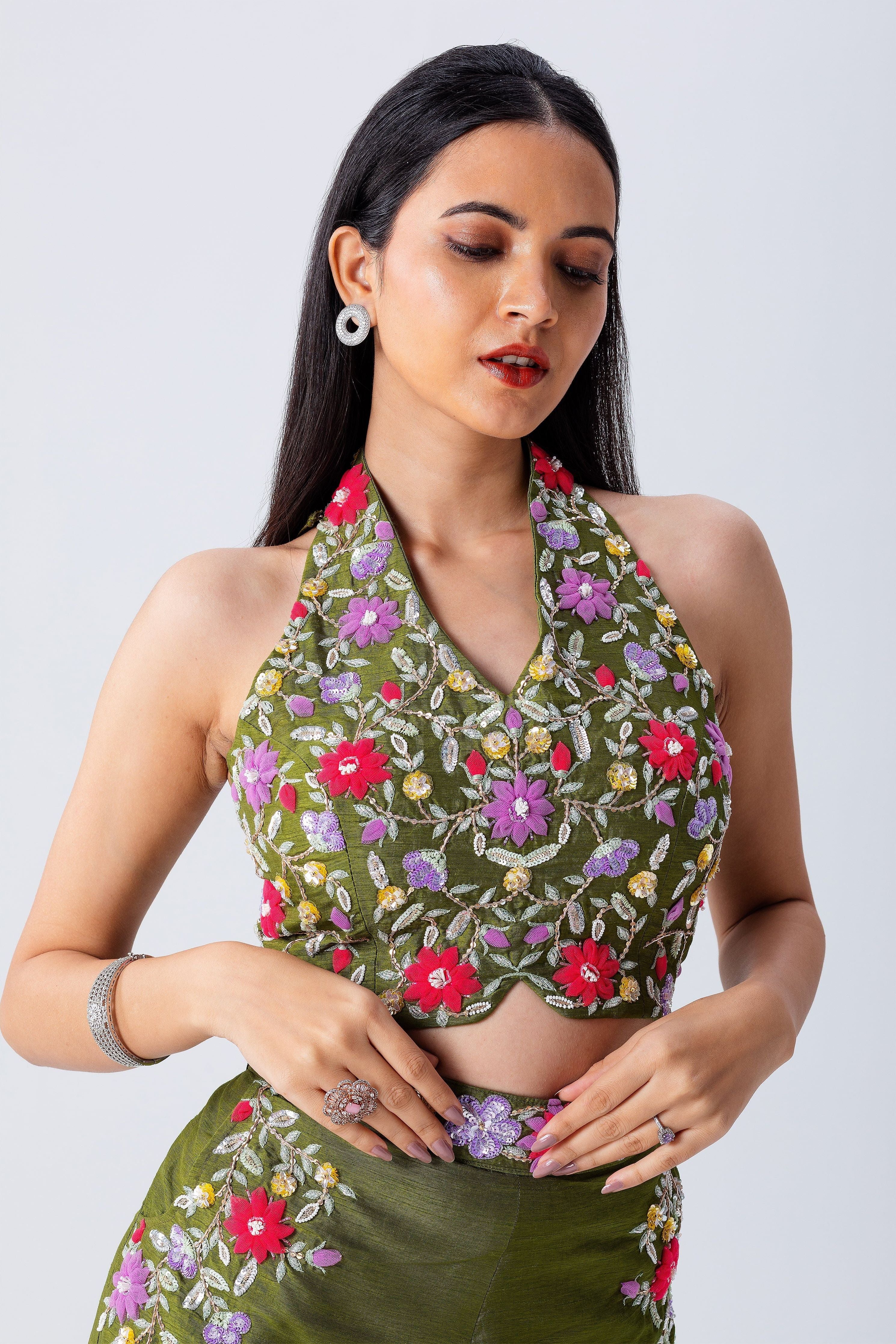 Olive Green Crop Top And Palazzo Set - Mokshaa