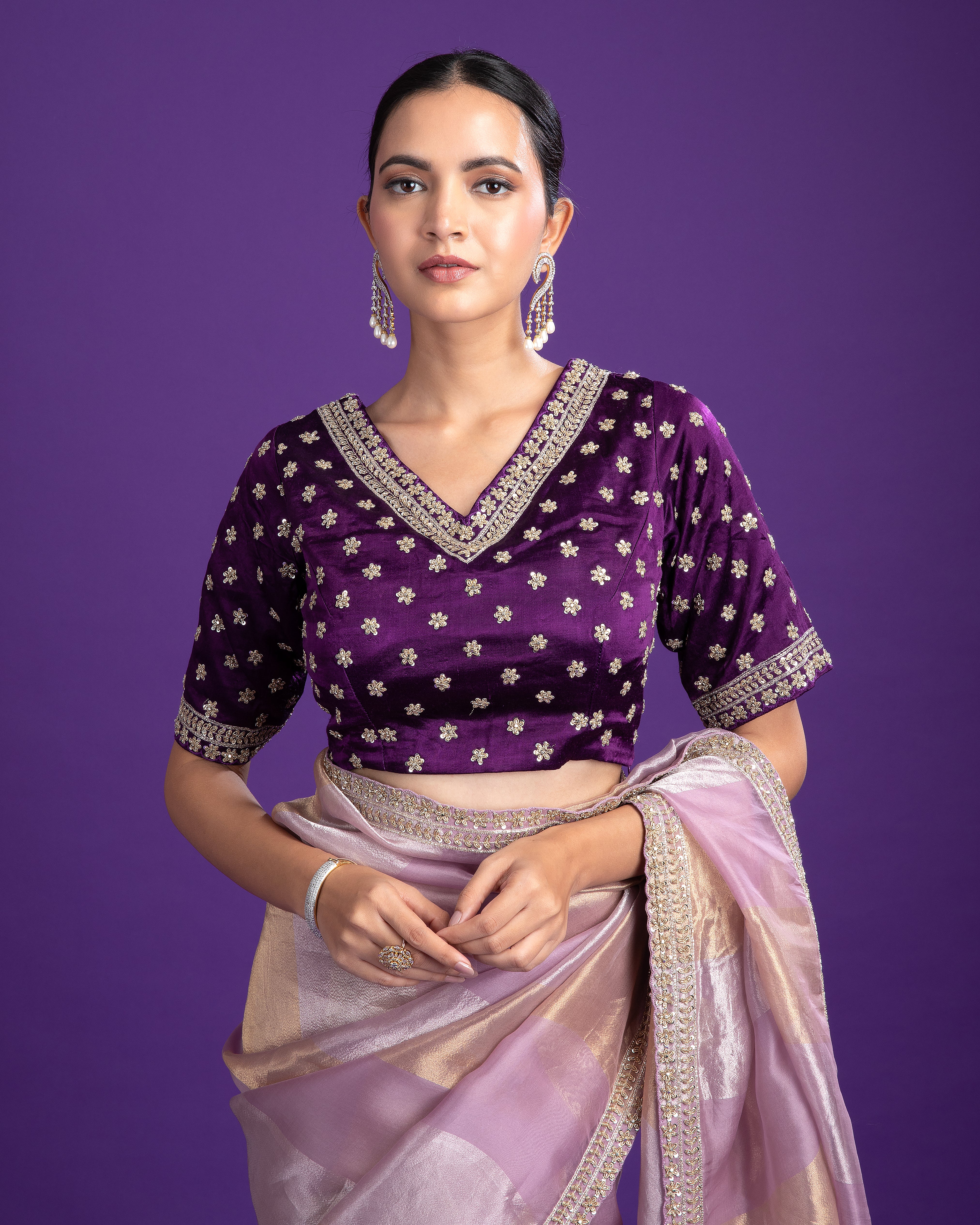 Lilac Tissue Organza Saree with Zari Detailing - Mokshaa