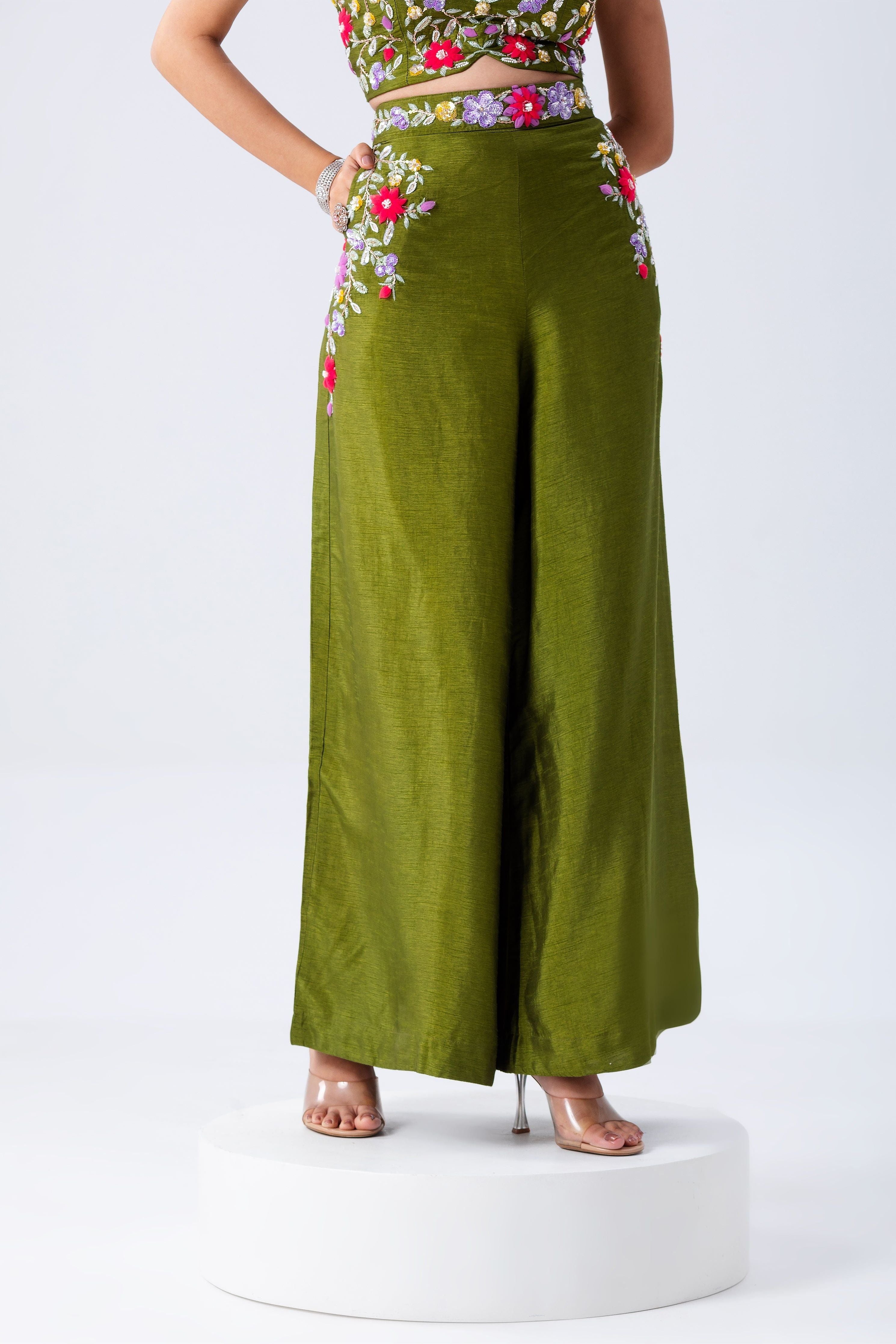 Olive Green Crop Top And Palazzo Set - Mokshaa