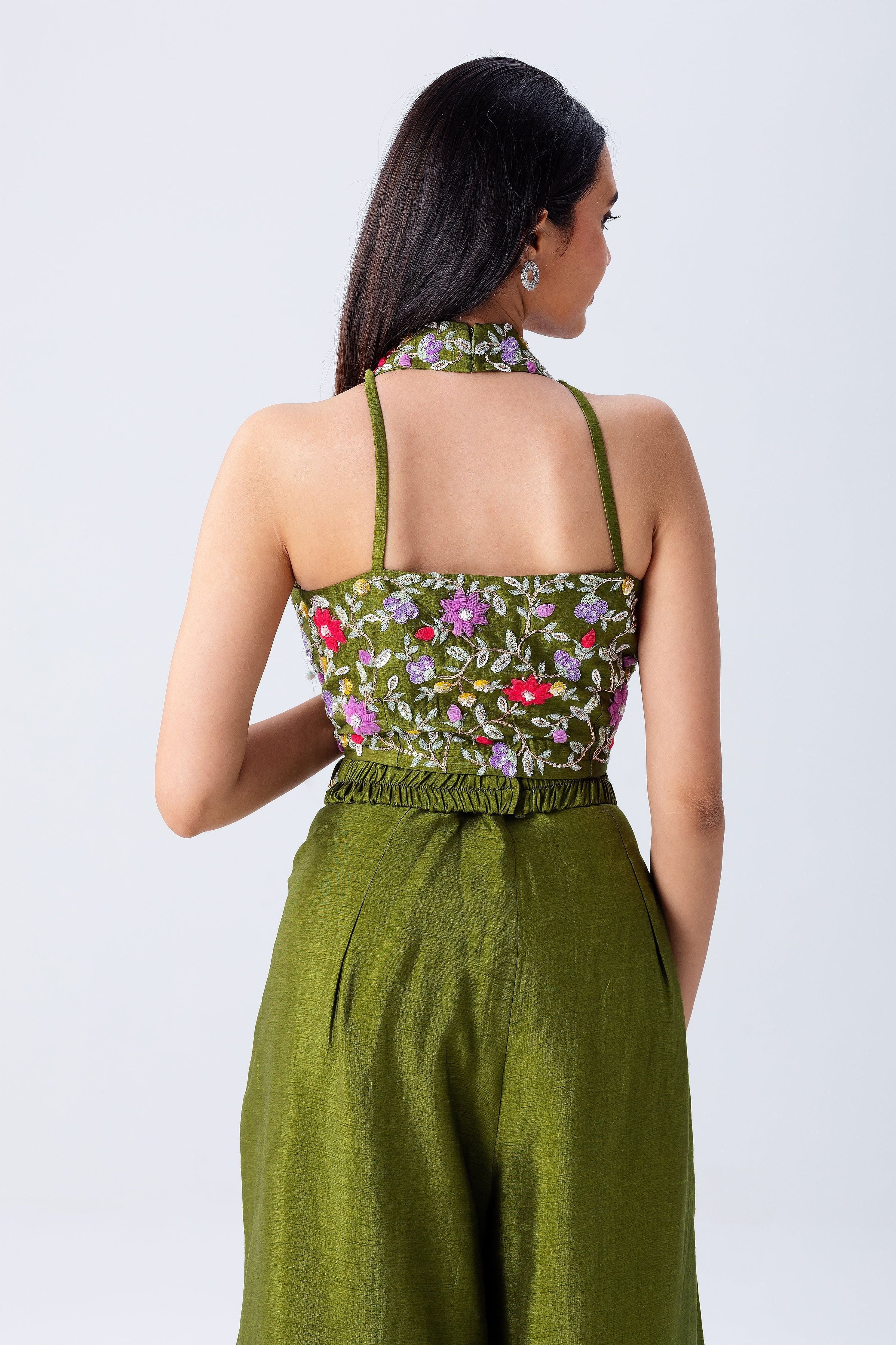 Olive Green Crop Top And Palazzo Set - Mokshaa
