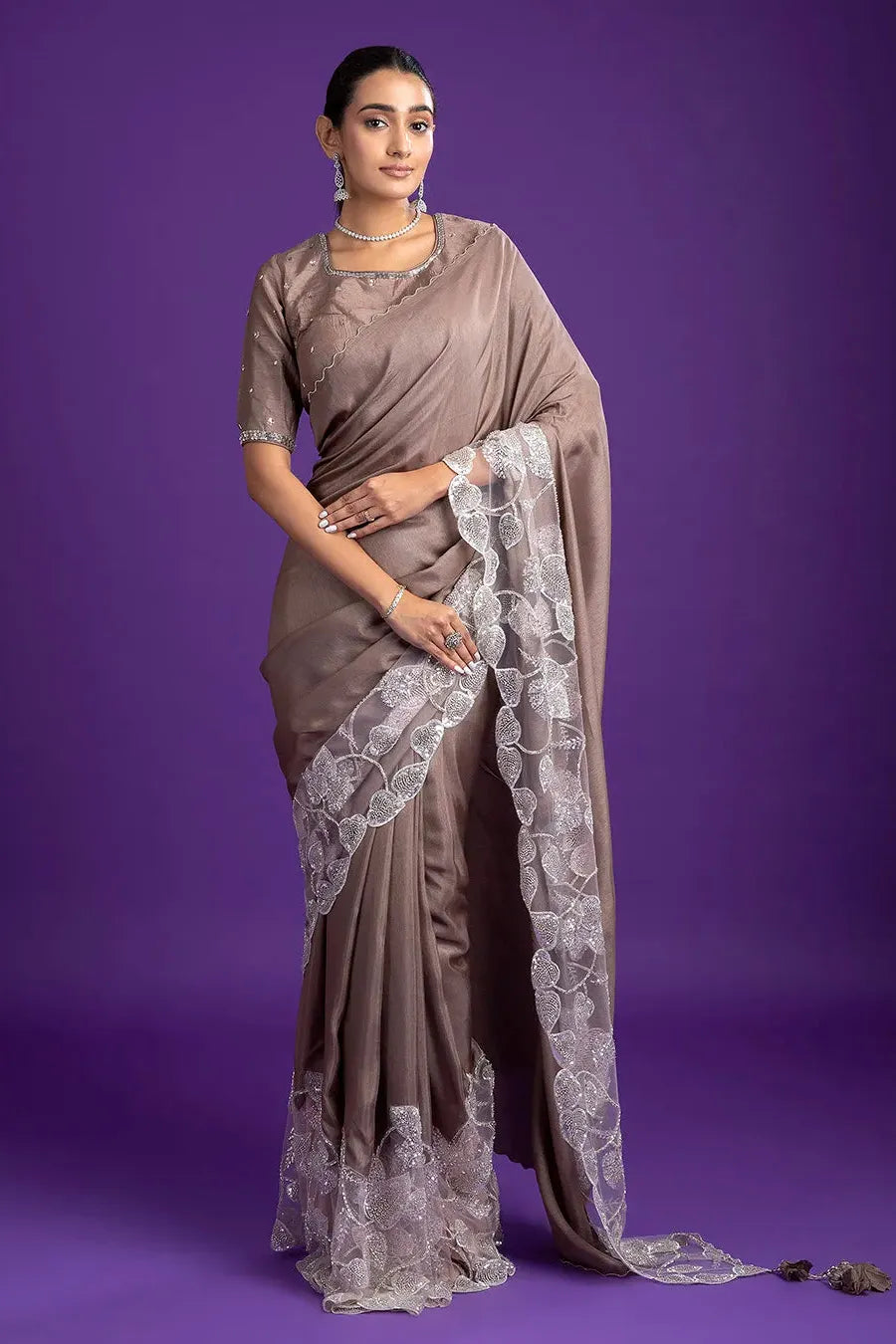 Taupe Silk Saree with Scalloped Border - Mokshaa