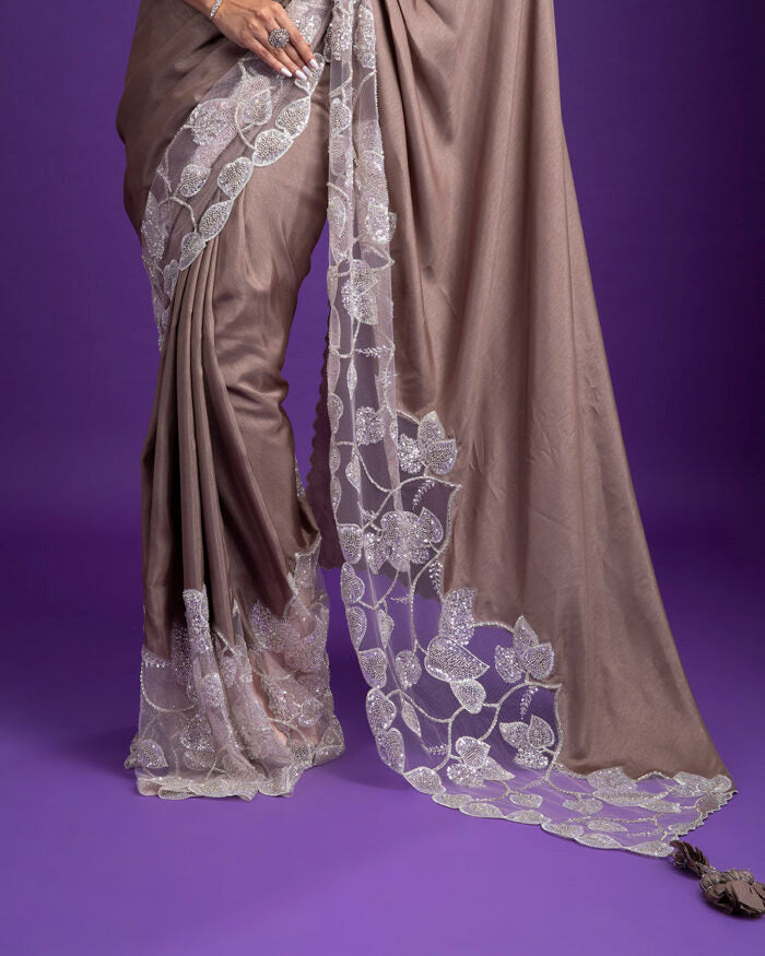 Taupe Silk Saree with Scalloped Border - Mokshaa