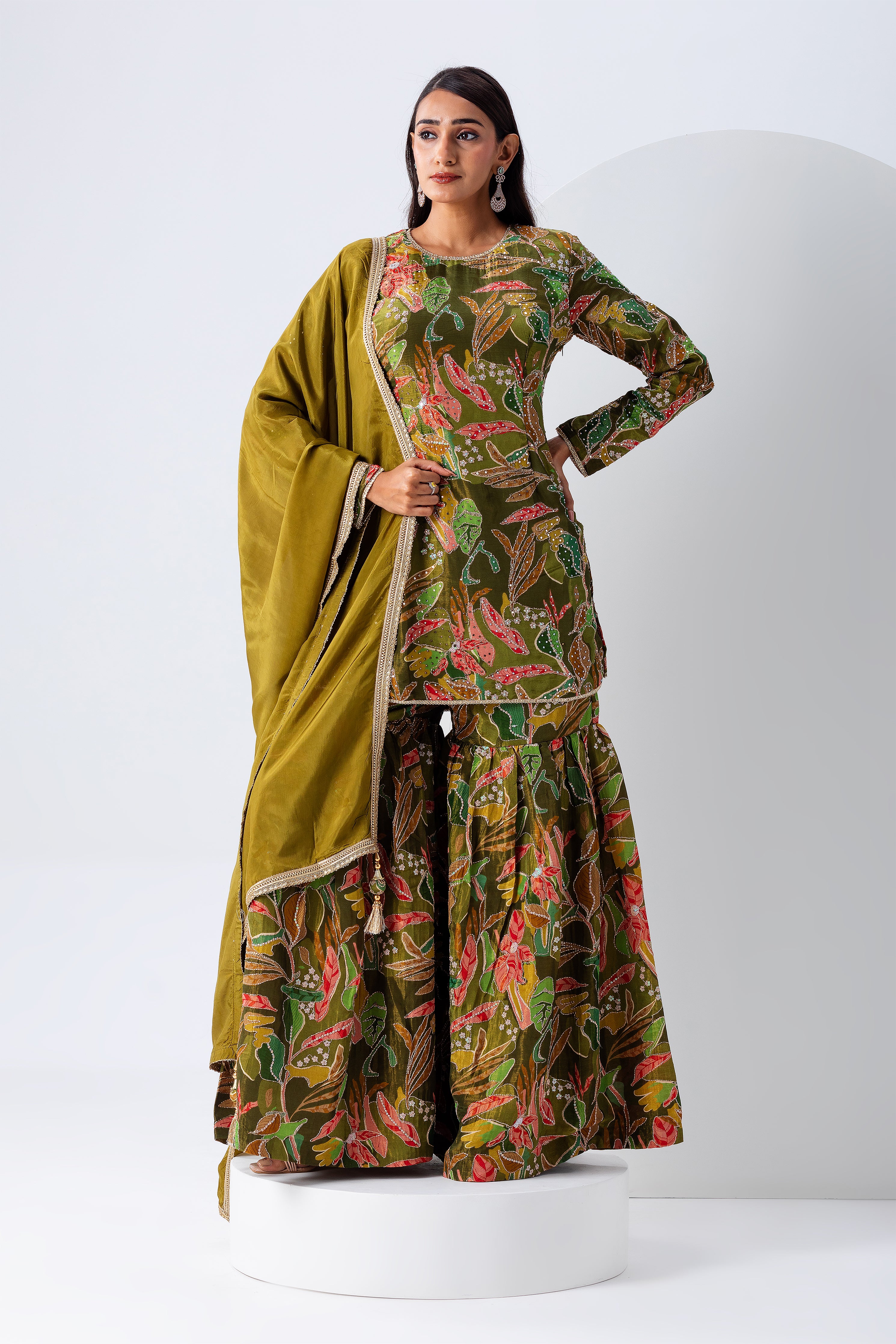 Olive Green Floral Sharara Set - Mokshaa