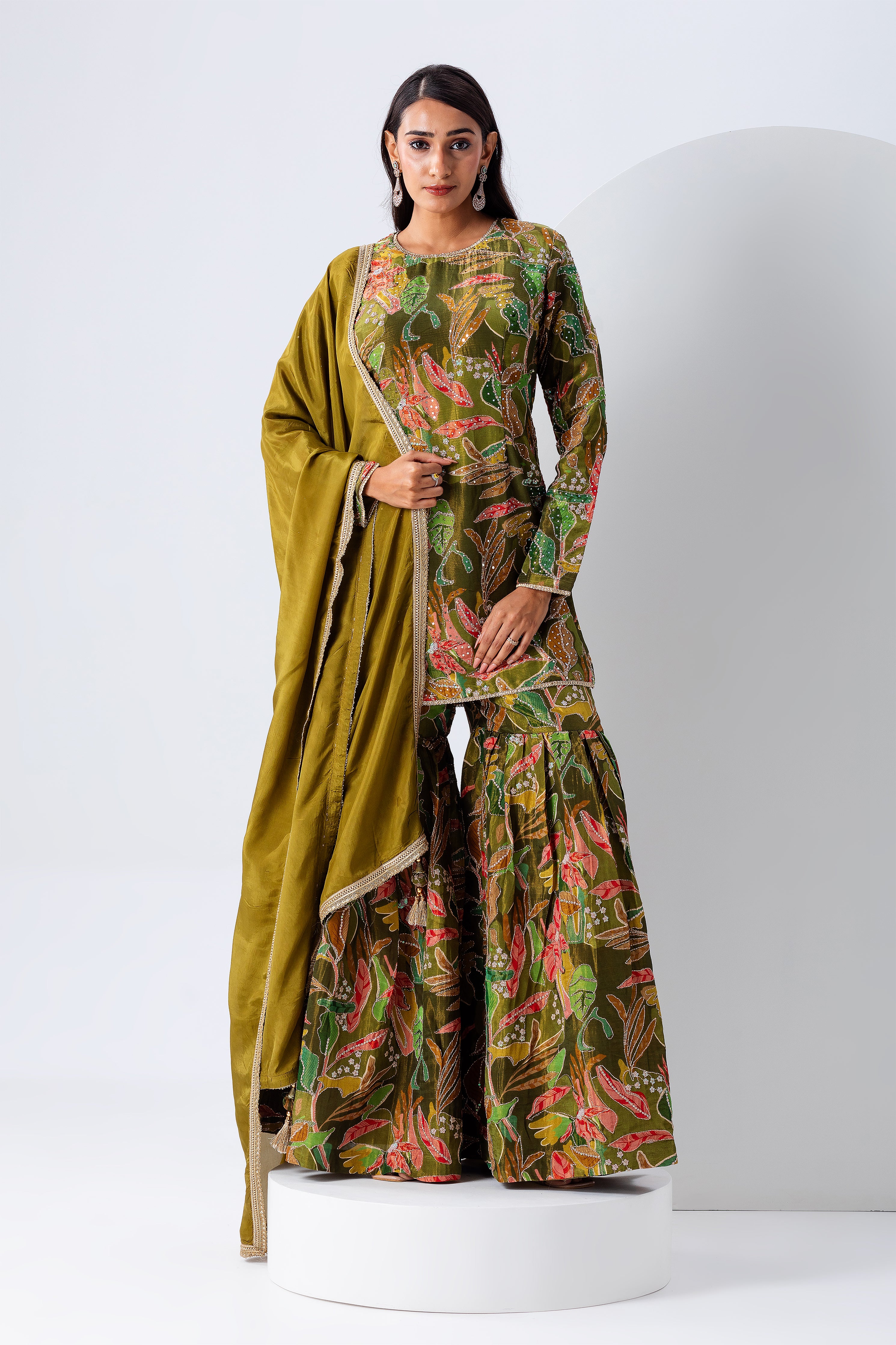 Olive Green Floral Sharara Set - Mokshaa