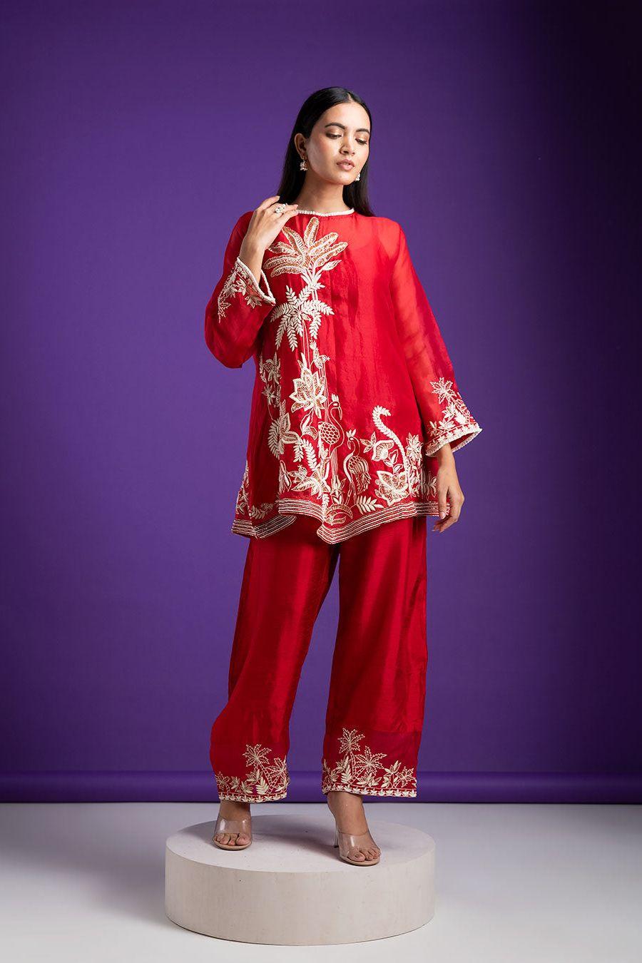 Crimson Red Embroidered Silk Kurta Set - Mokshaa