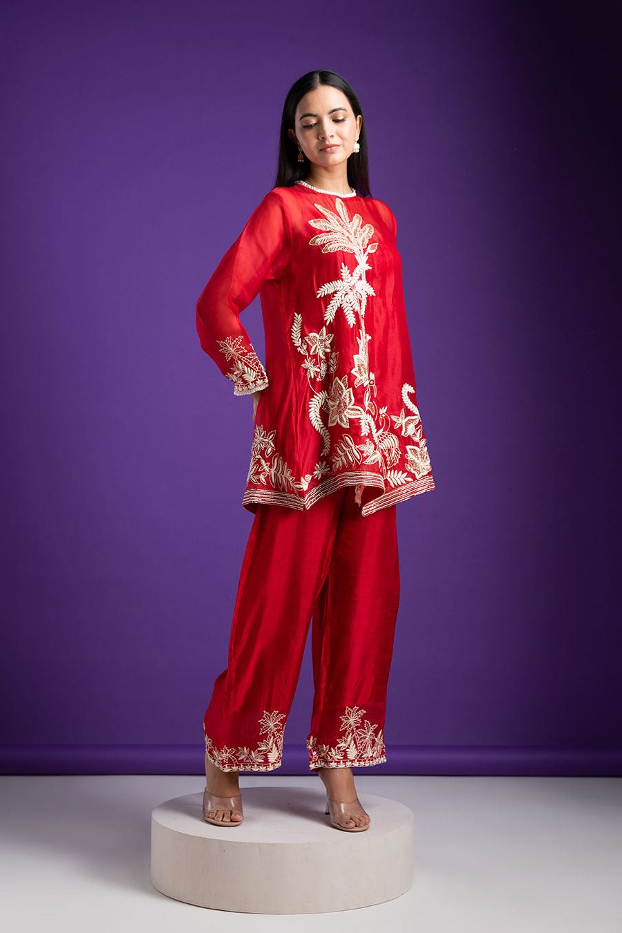 Crimson Red Embroidered Silk Kurta Set - Mokshaa