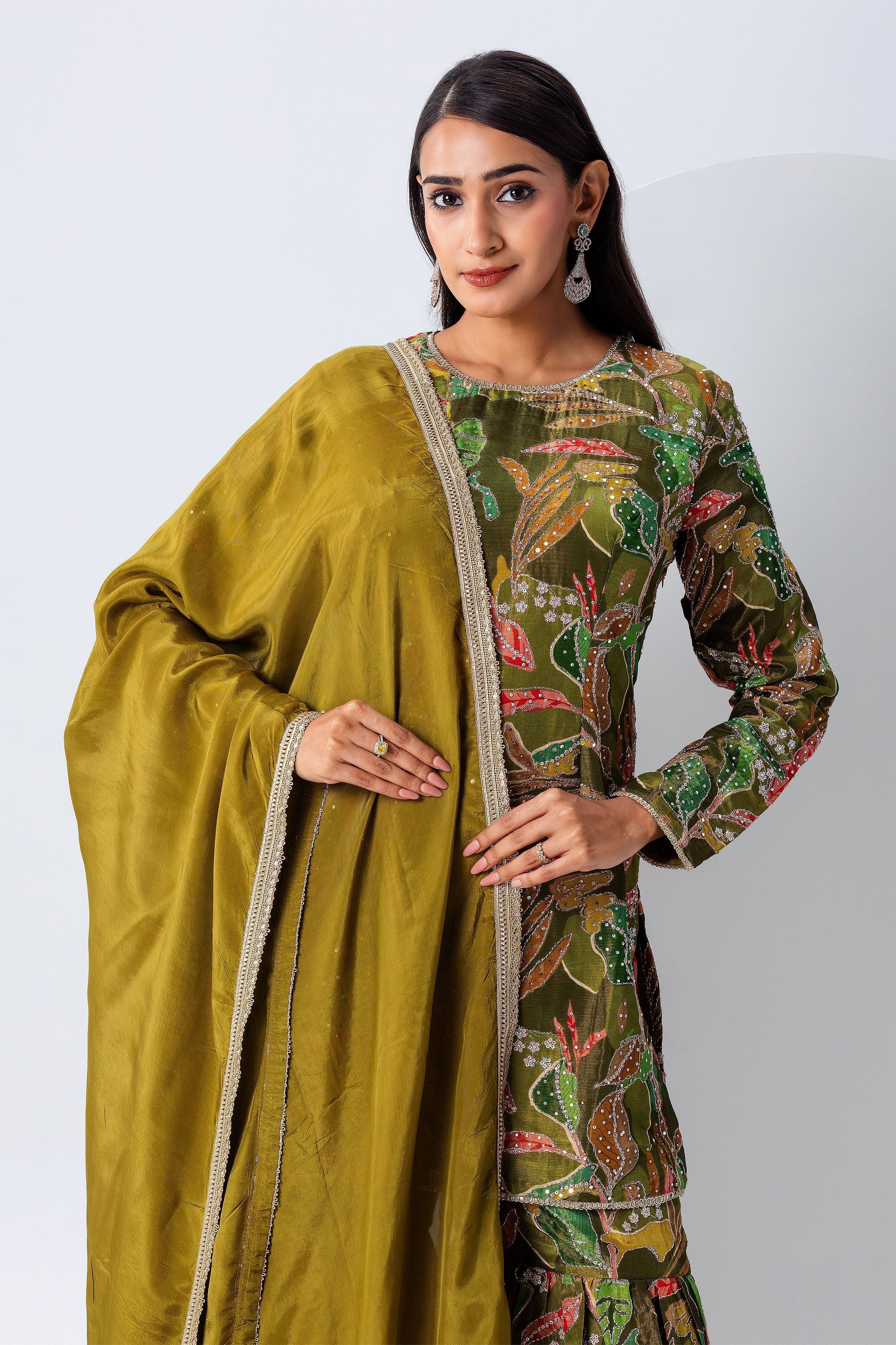 Olive Green Floral Sharara Set - Mokshaa