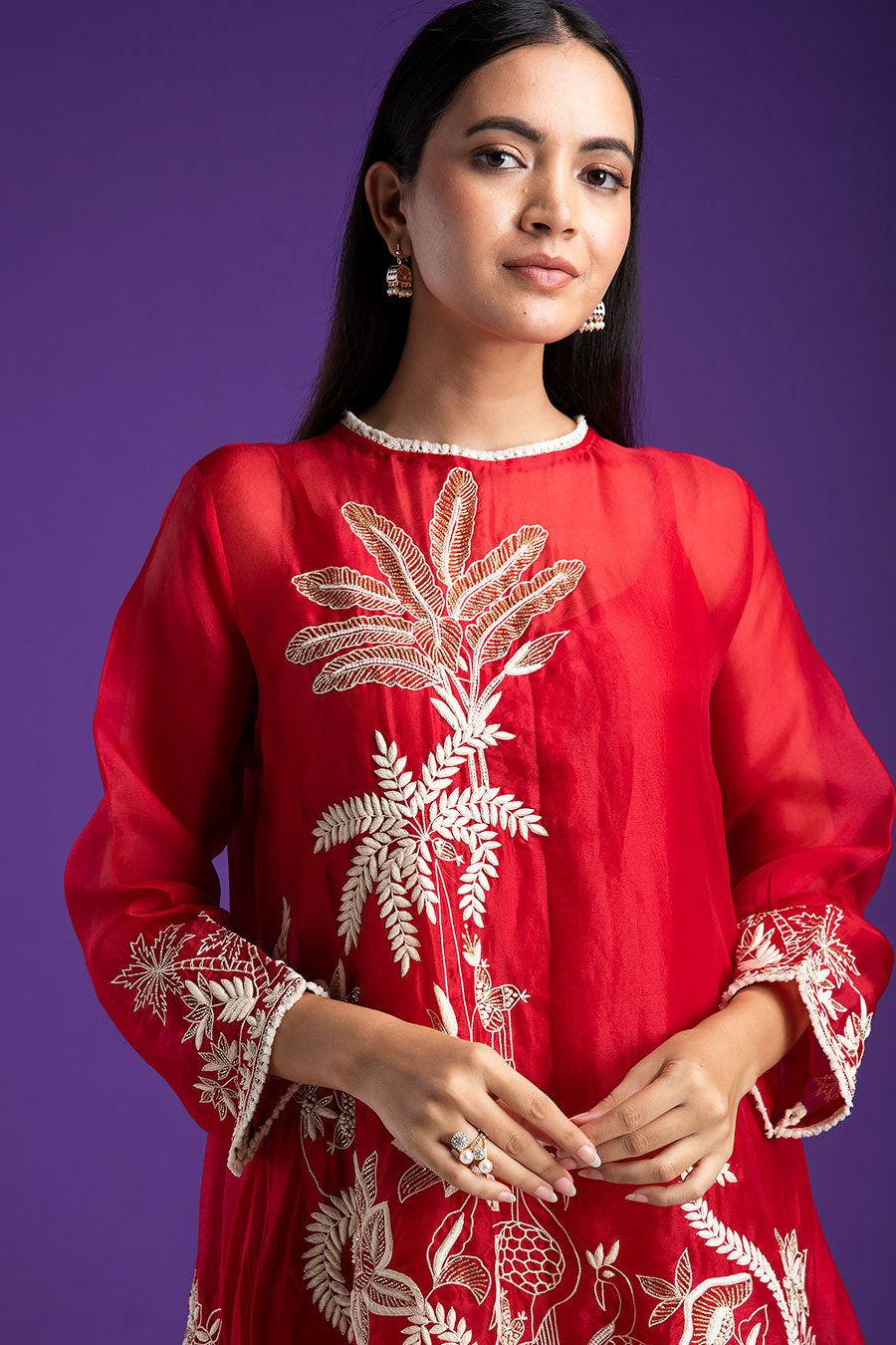 Crimson Red Embroidered Silk Kurta Set - Mokshaa