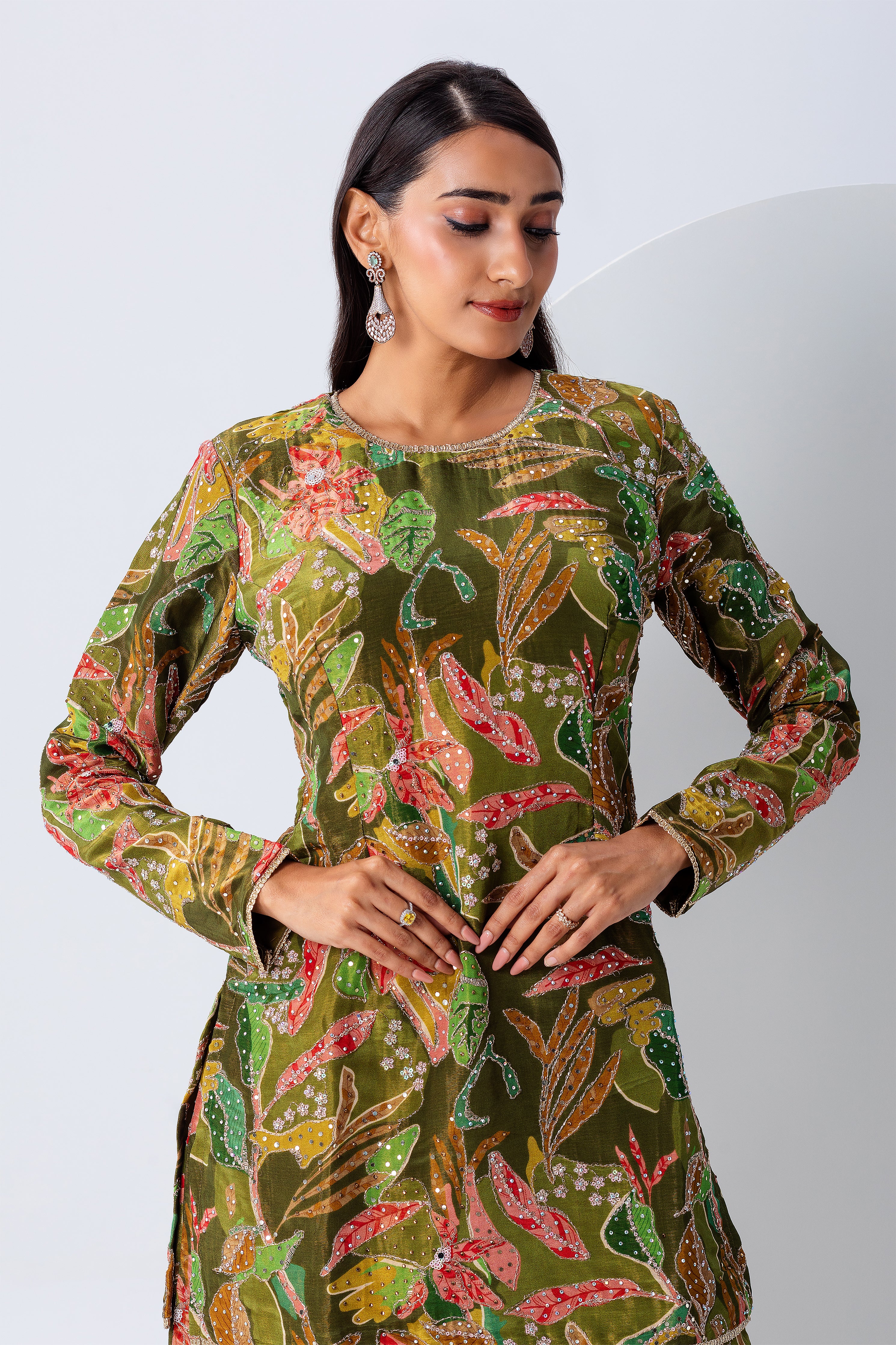 Olive Green Floral Sharara Set