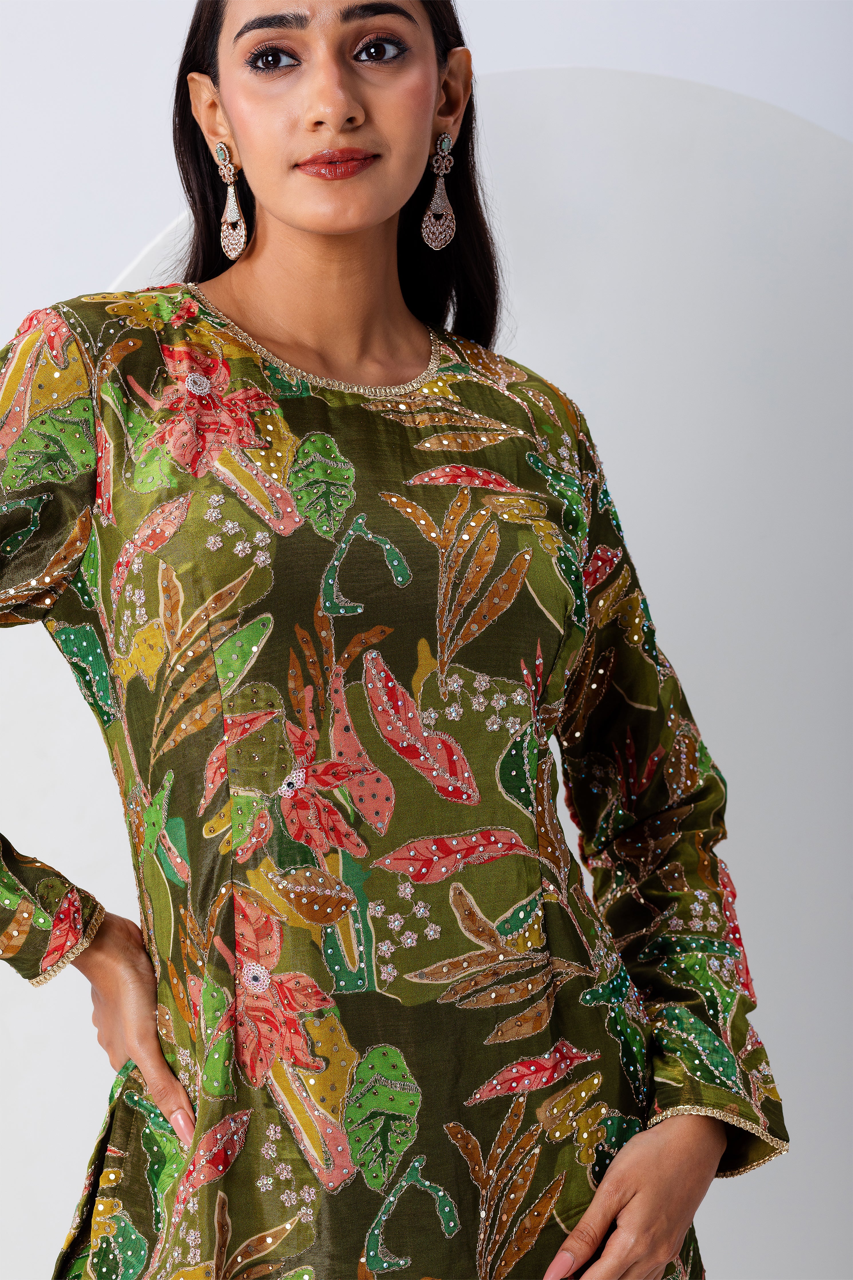 Olive Green Floral Sharara Set