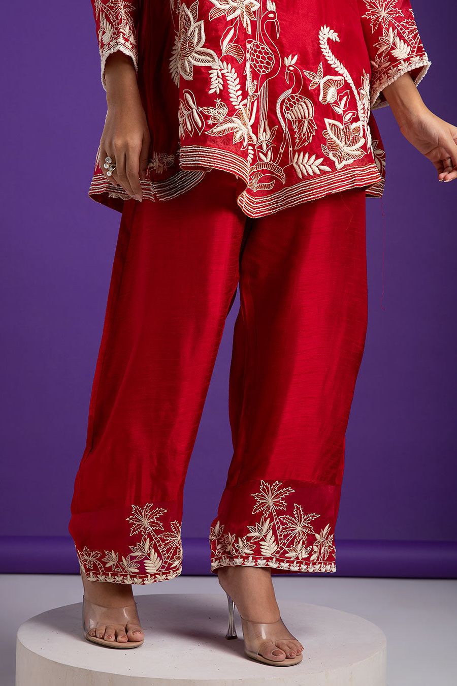 Crimson Red Embroidered Silk Kurta Set - Mokshaa