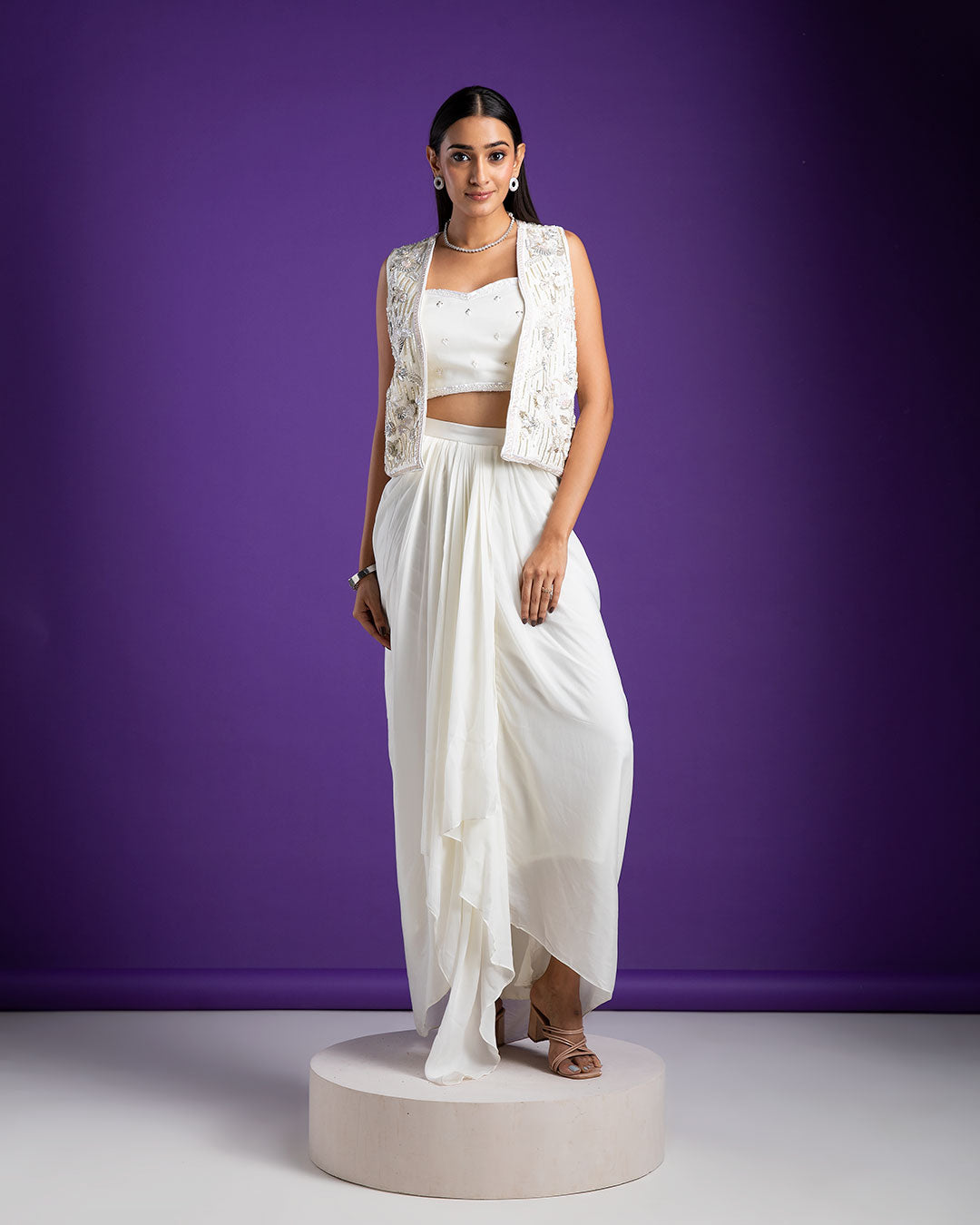 Chic White Draped Indo-Western with Embellished Jacket - Mokshaa