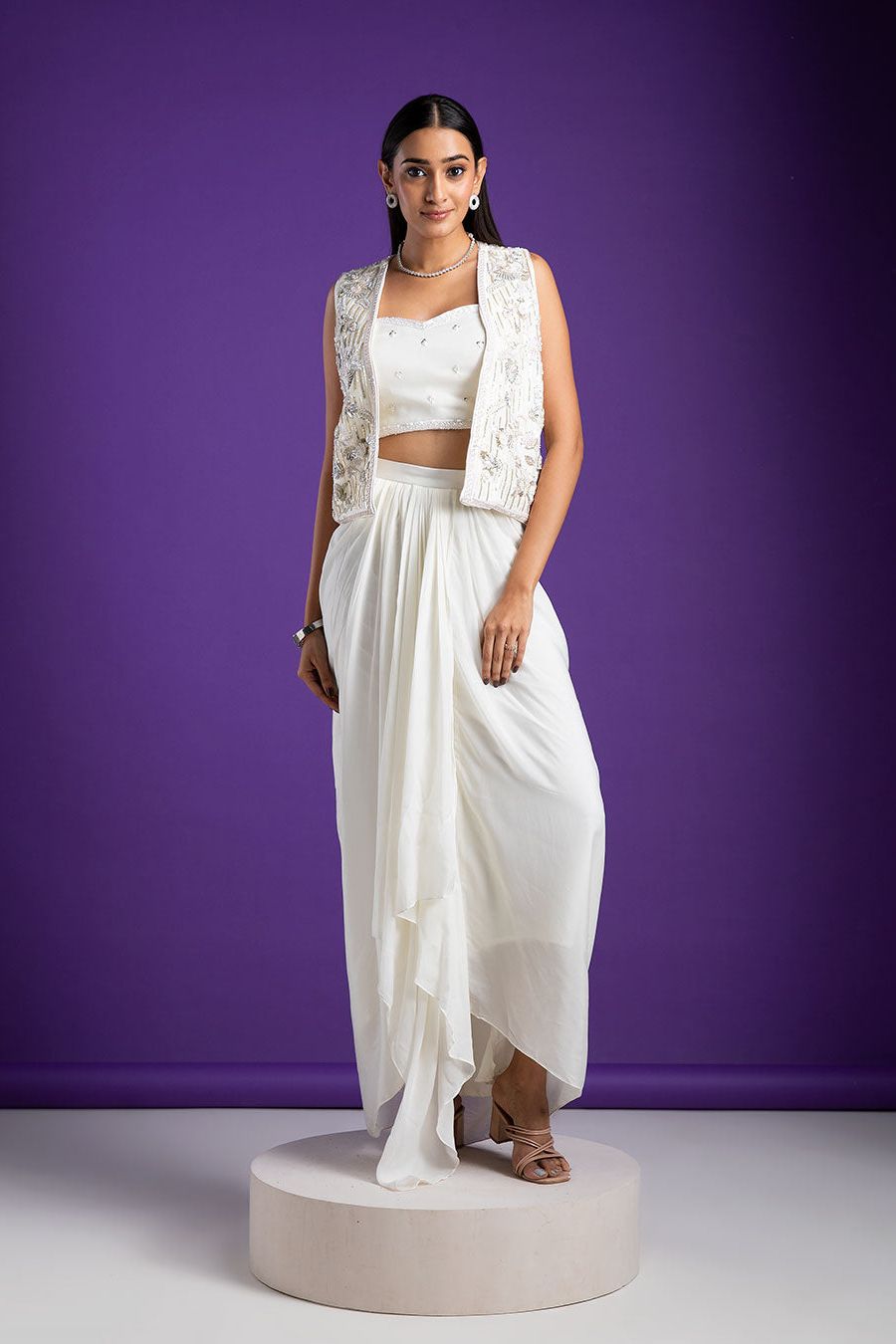 Chic White Draped Indo-Western with Embellished Jacket - Mokshaa