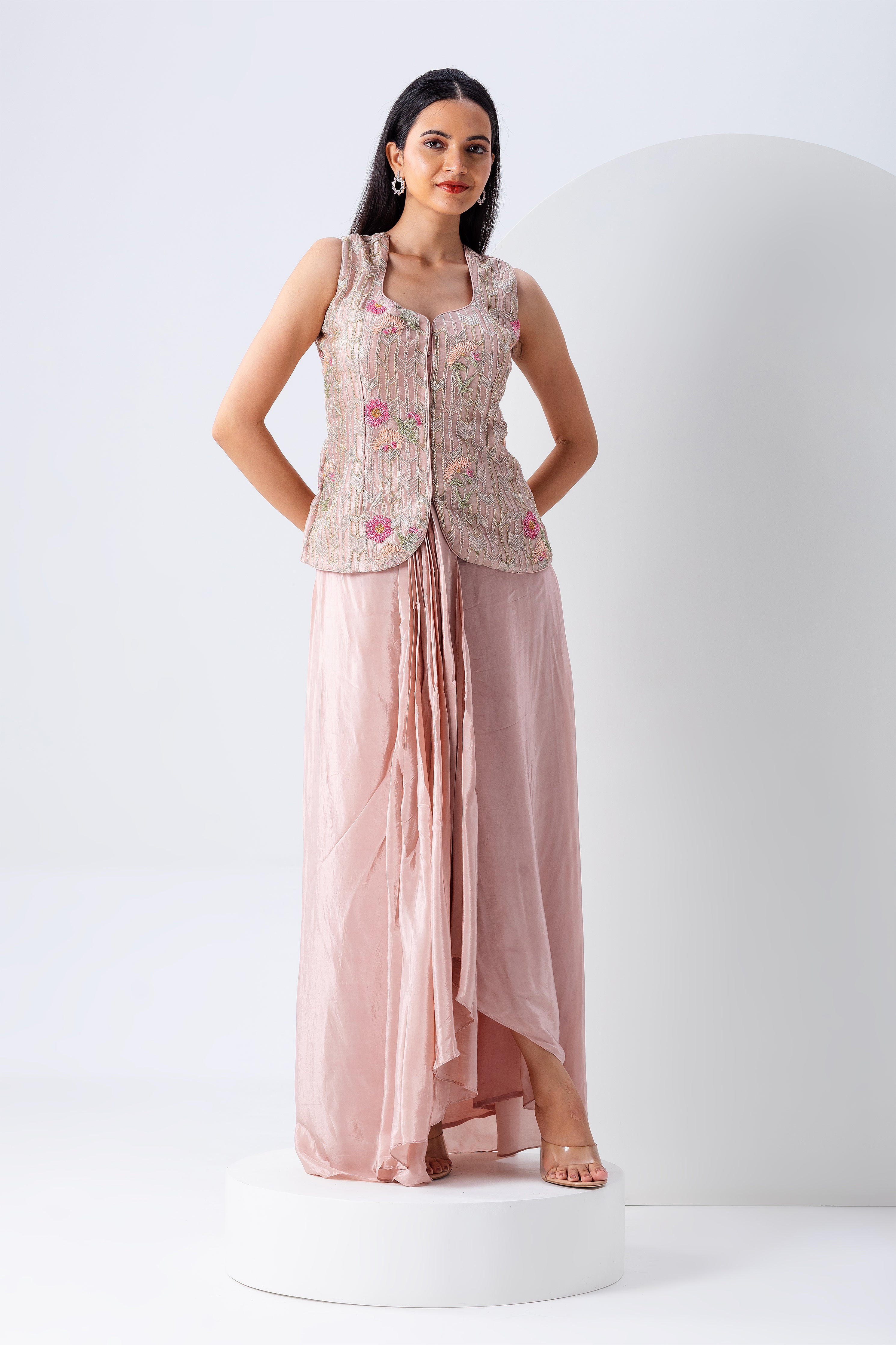 Blush Pink Embroidered Jacket Set With Dupatta - Mokshaa