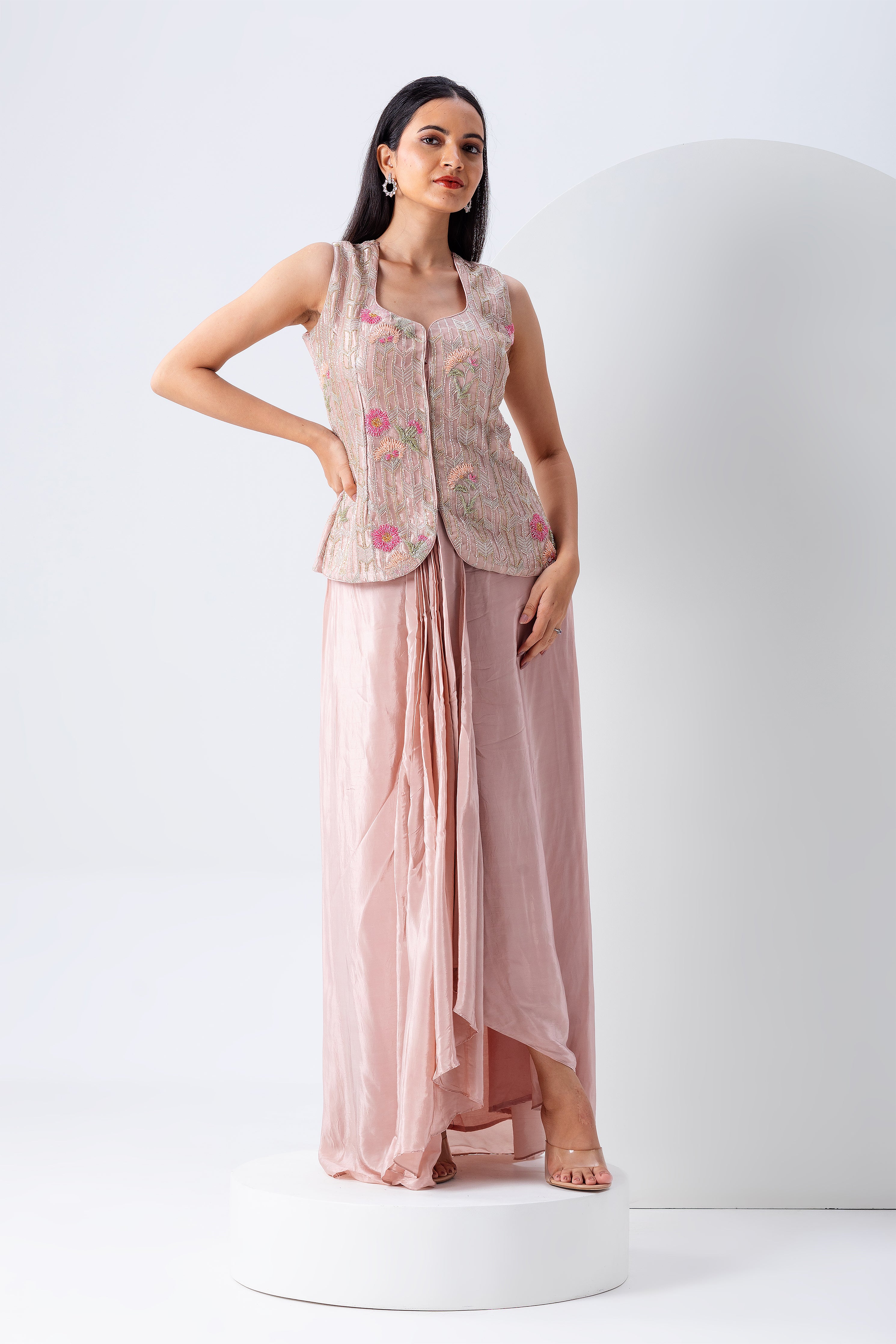 Blush Pink Embroidered Jacket Set With Dupatta - Mokshaa