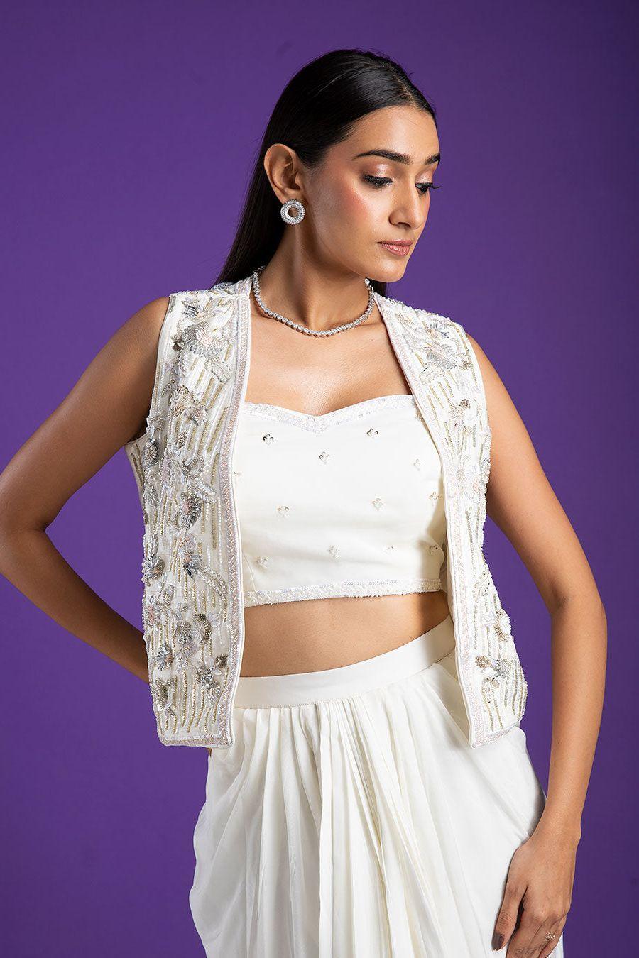 Chic White Draped Indo-Western With Embellished Jacket Buy