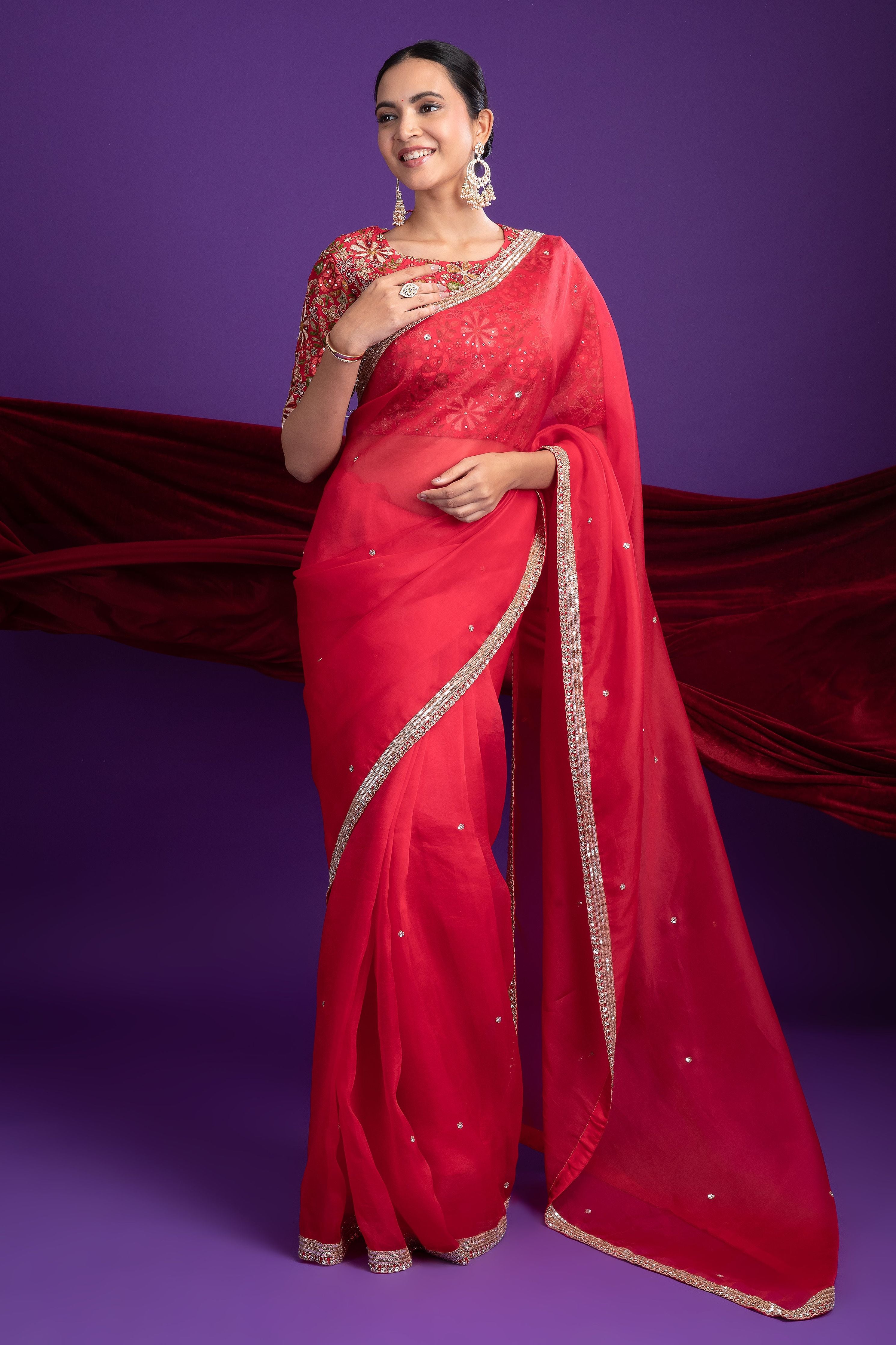 Classic Red Organza Saree with Zari Border - Mokshaa