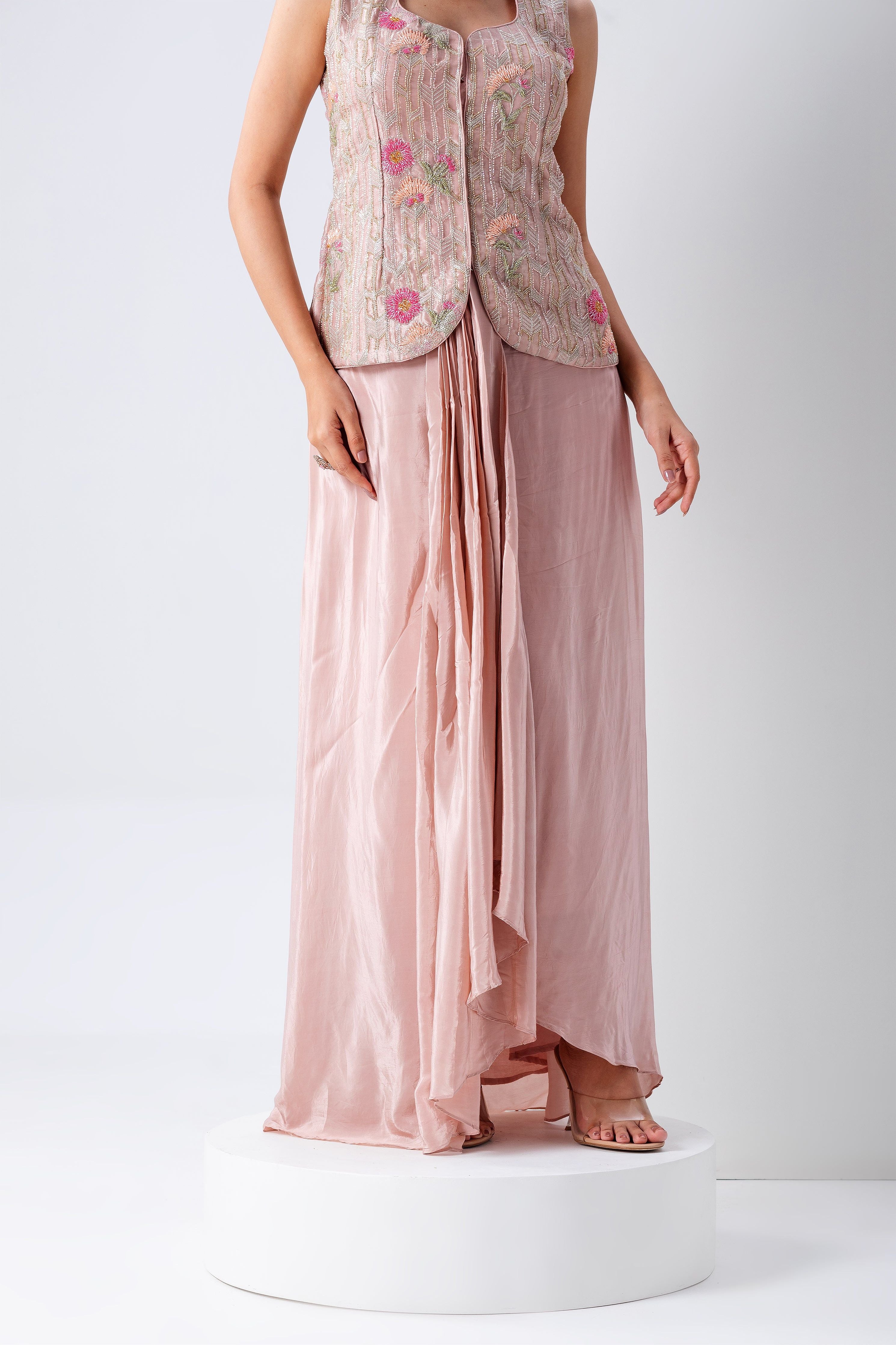 Blush Pink Embroidered Jacket Set With Dupatta - Mokshaa