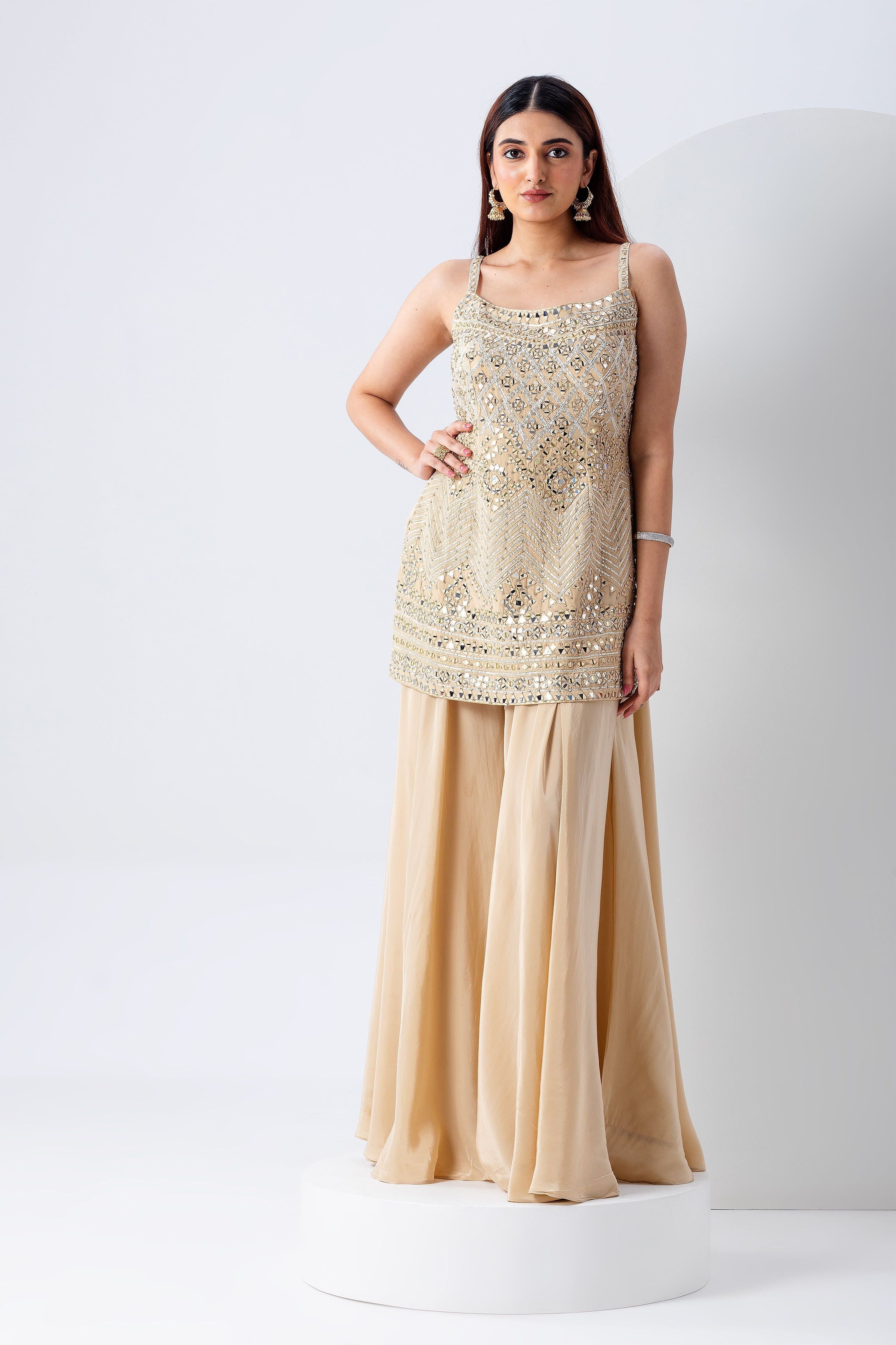 Beige Mirror Work Top And Bottom Set - Mokshaa