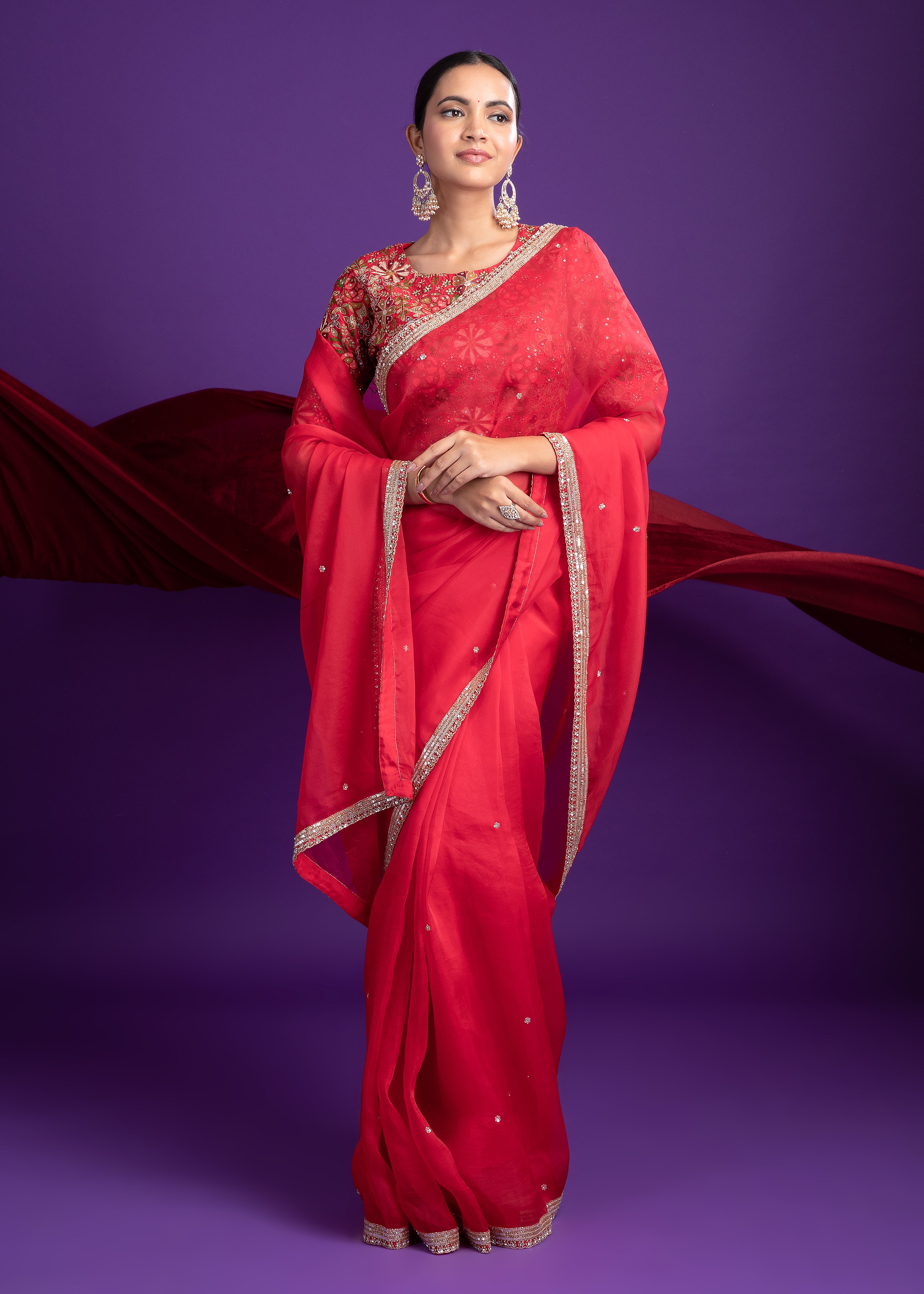 Classic Red Organza Saree with Zari Border - Mokshaa