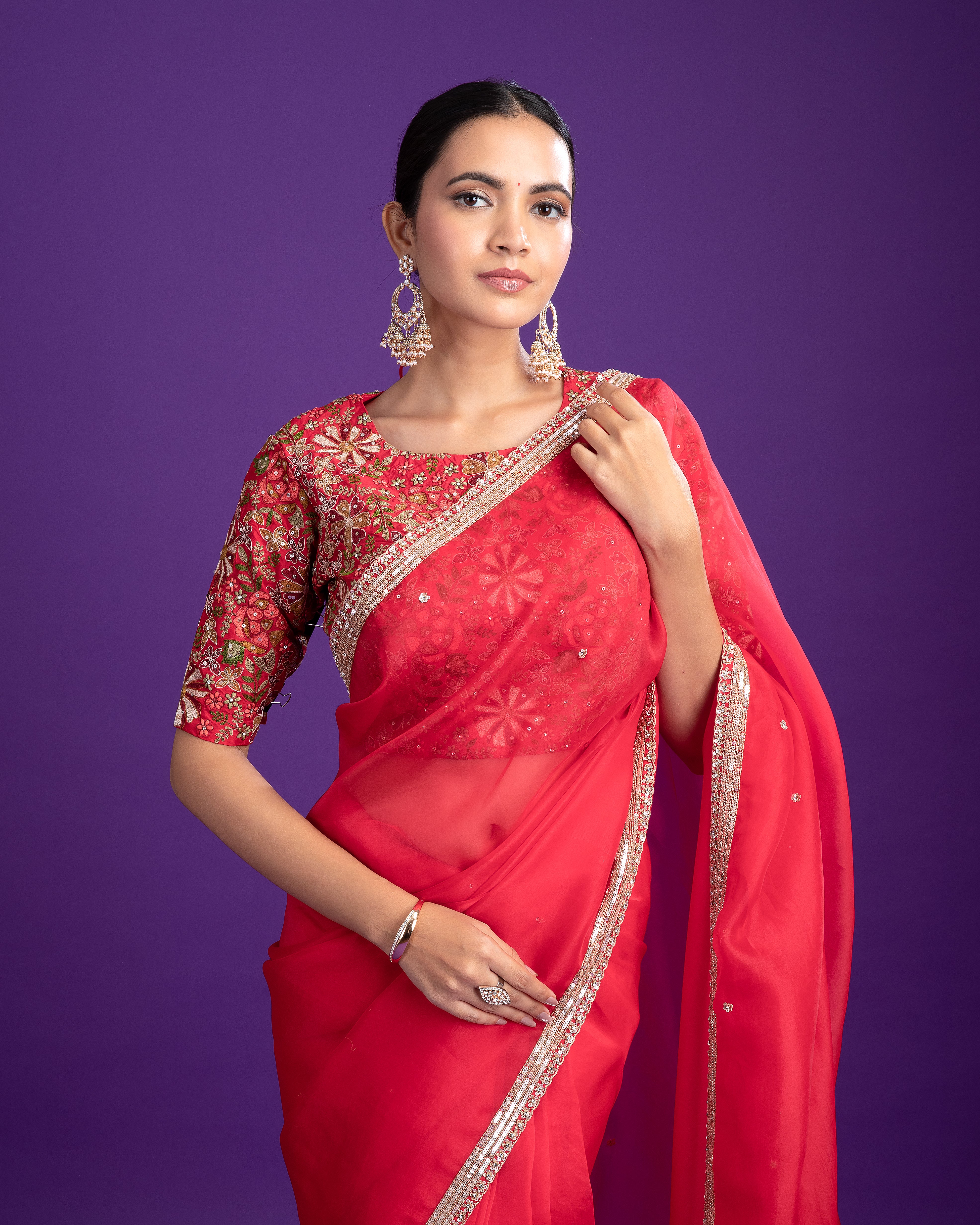 Classic Red Organza Saree with Zari Border - Mokshaa