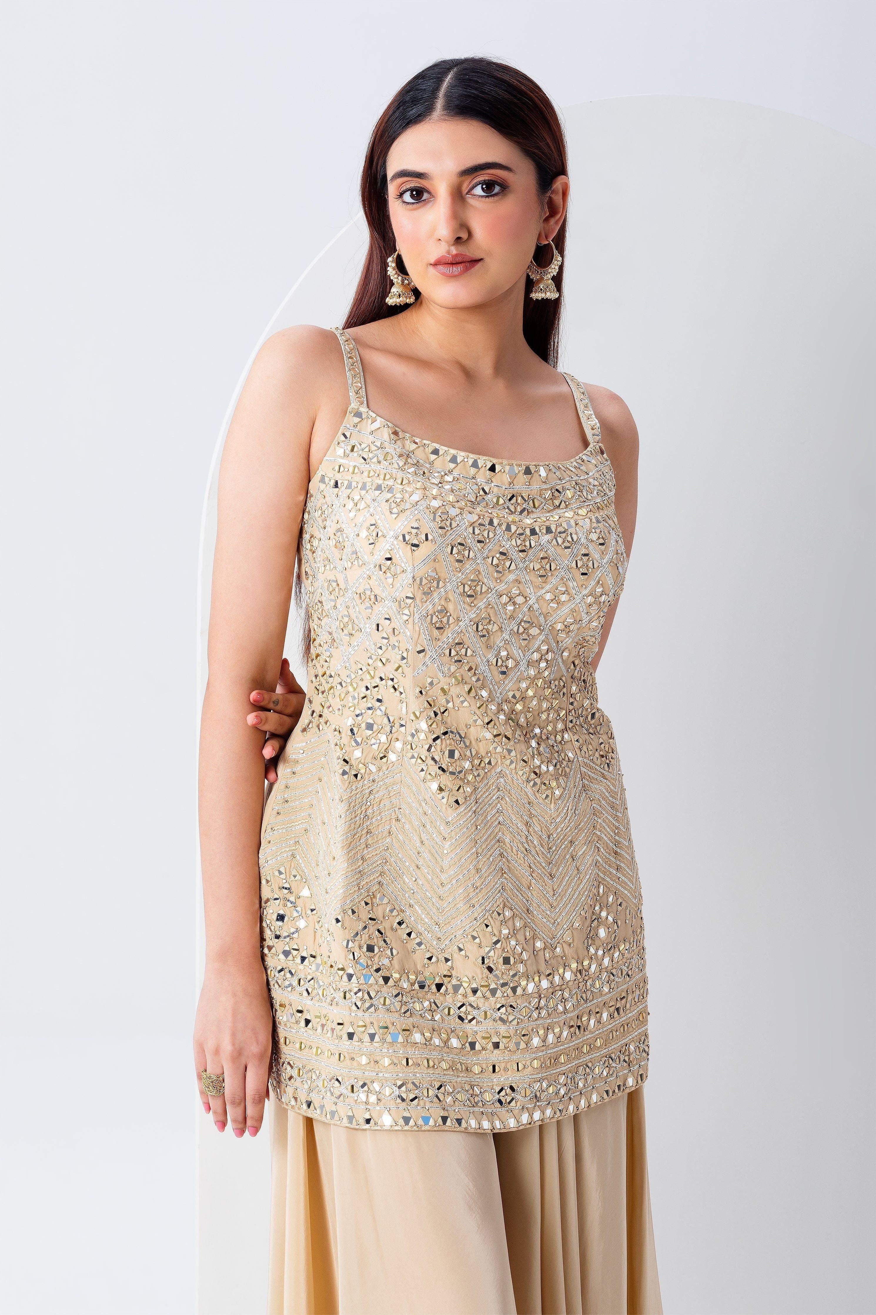 Beige Mirror Work Top And Bottom Set - Mokshaa