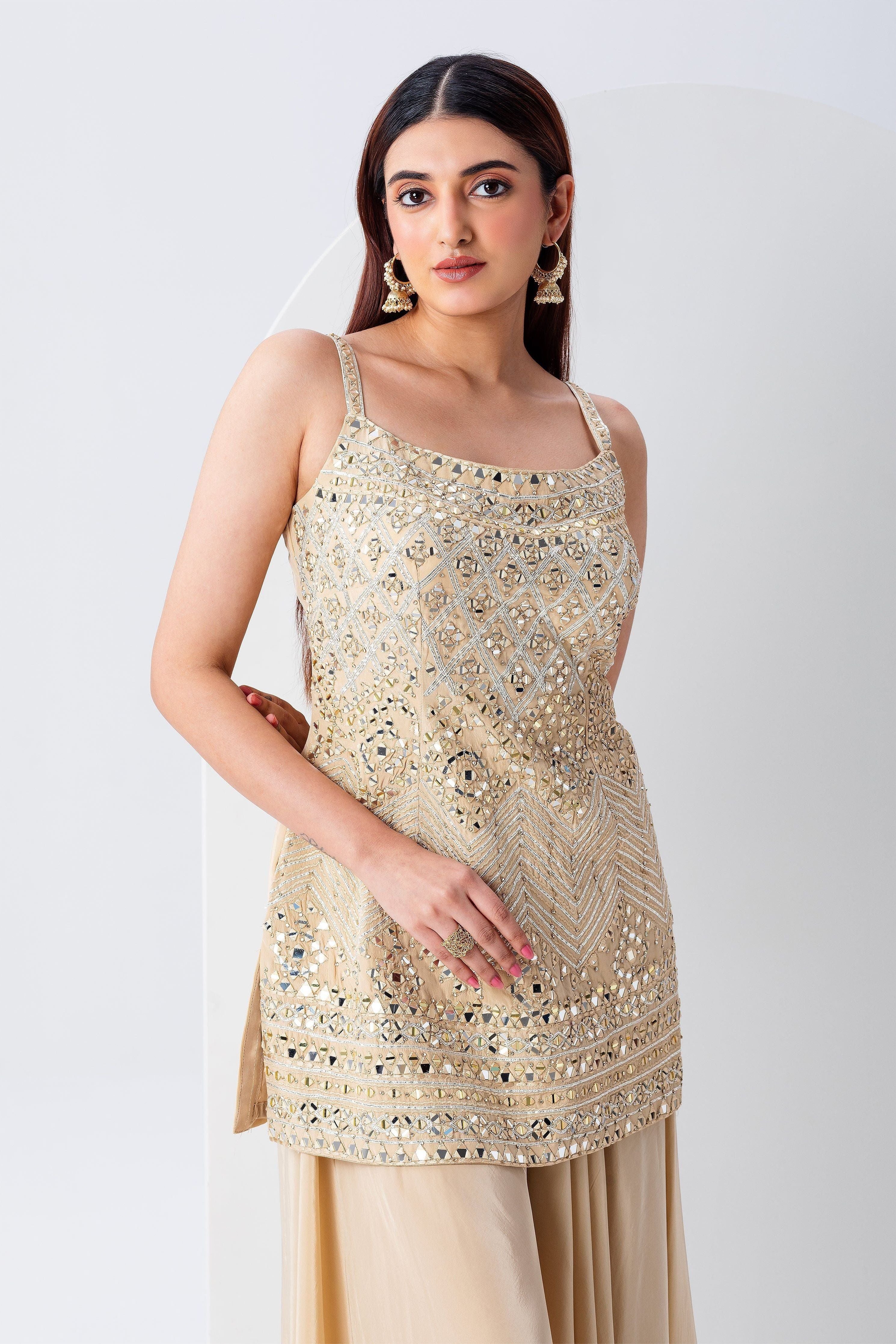 Beige Mirror Work Top And Bottom Set - Mokshaa
