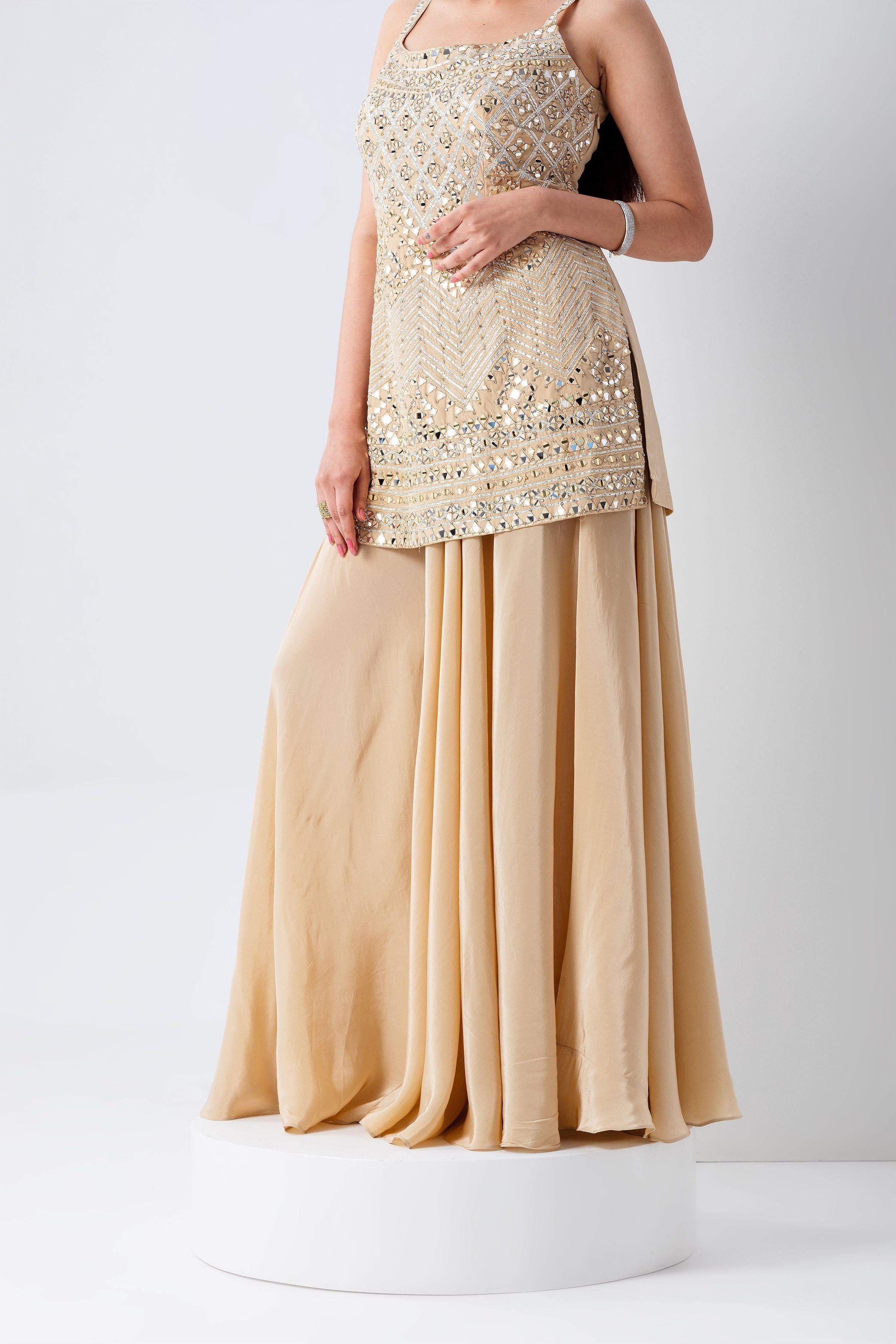 Beige Mirror Work Top And Bottom Set - Mokshaa