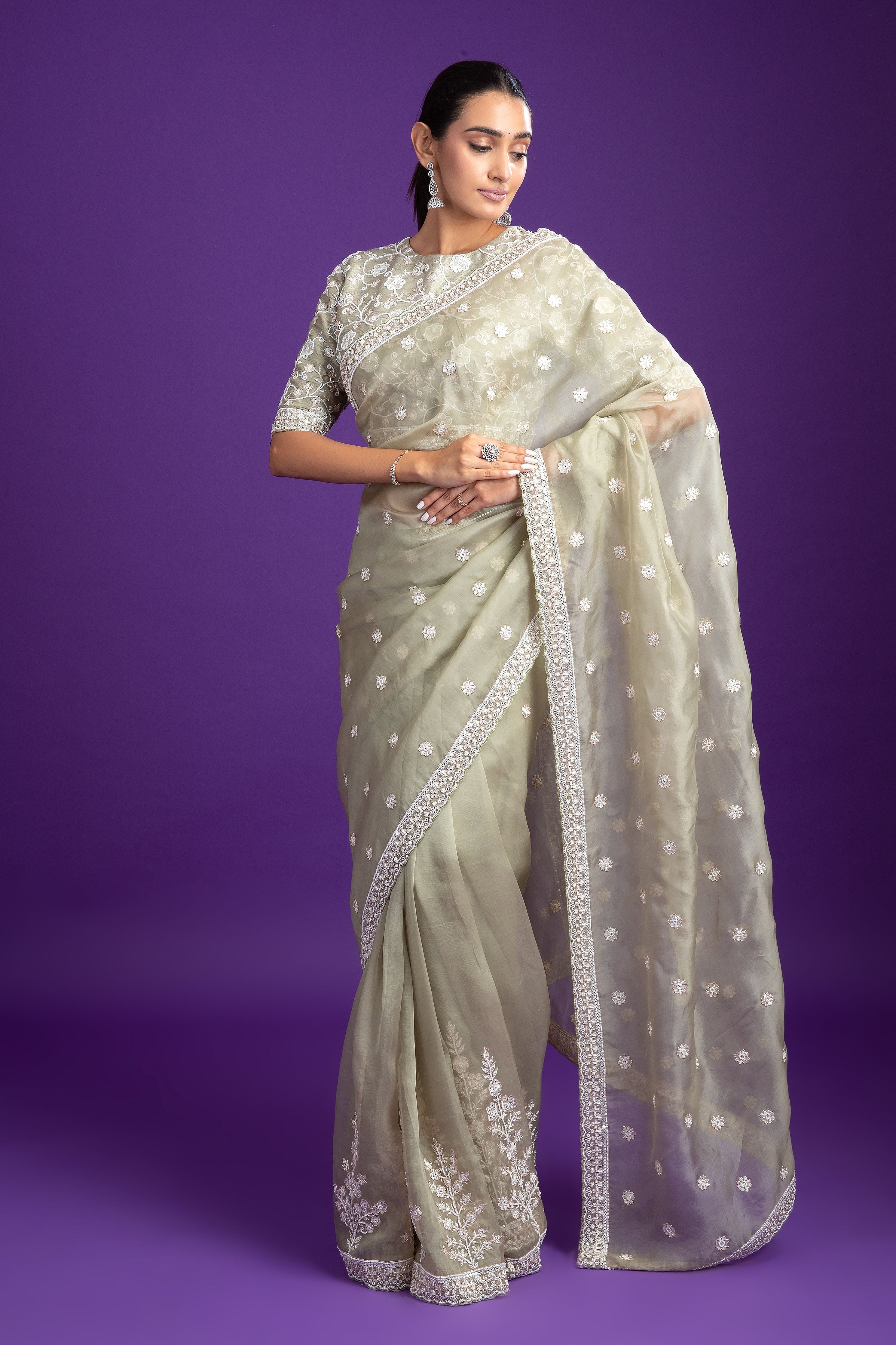 Sage Green Organza Saree with White Floral Embroidery - Mokshaa