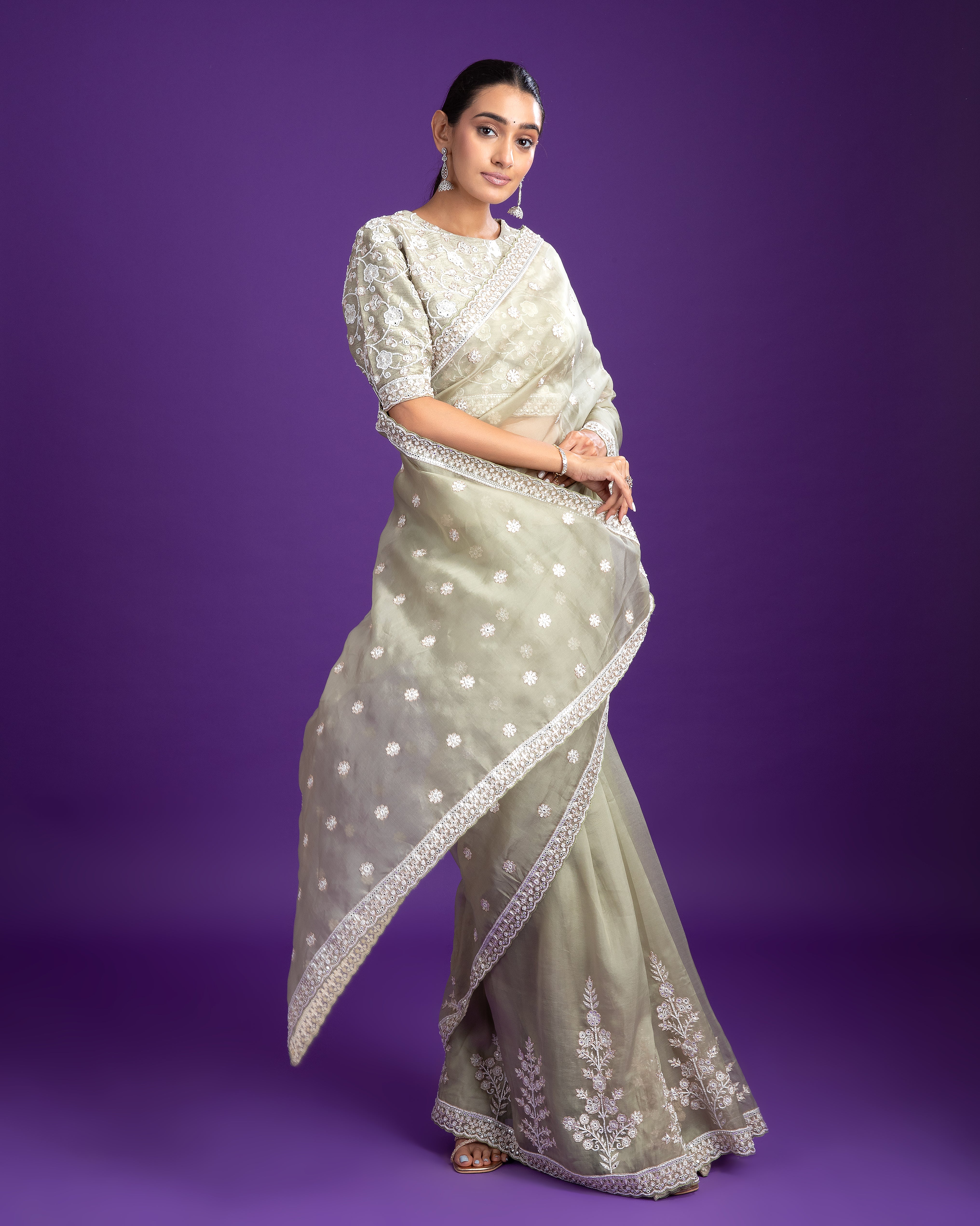 Sage Green Organza Saree with White Floral Embroidery - Mokshaa