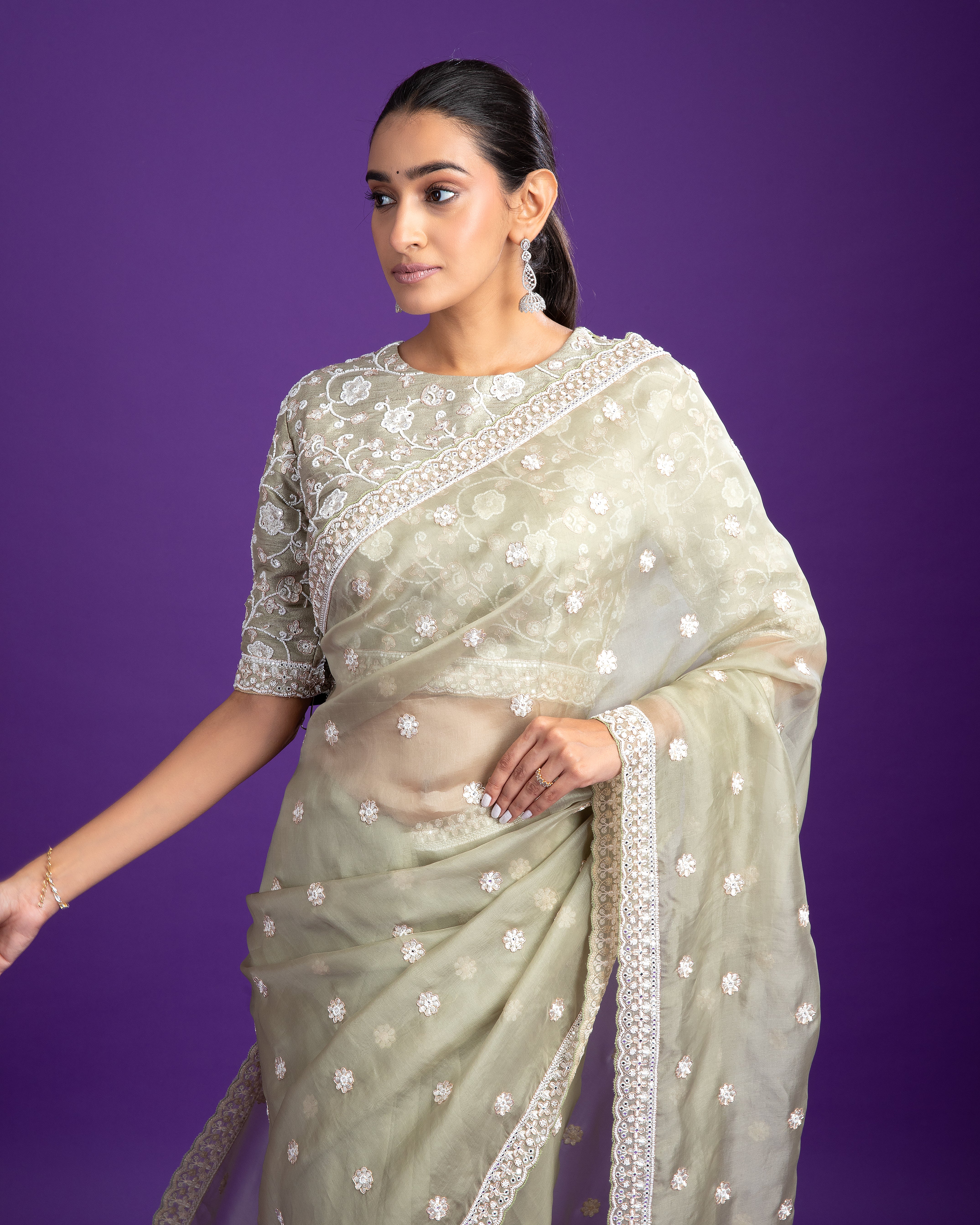 Sage Green Organza Saree with White Floral Embroidery - Mokshaa