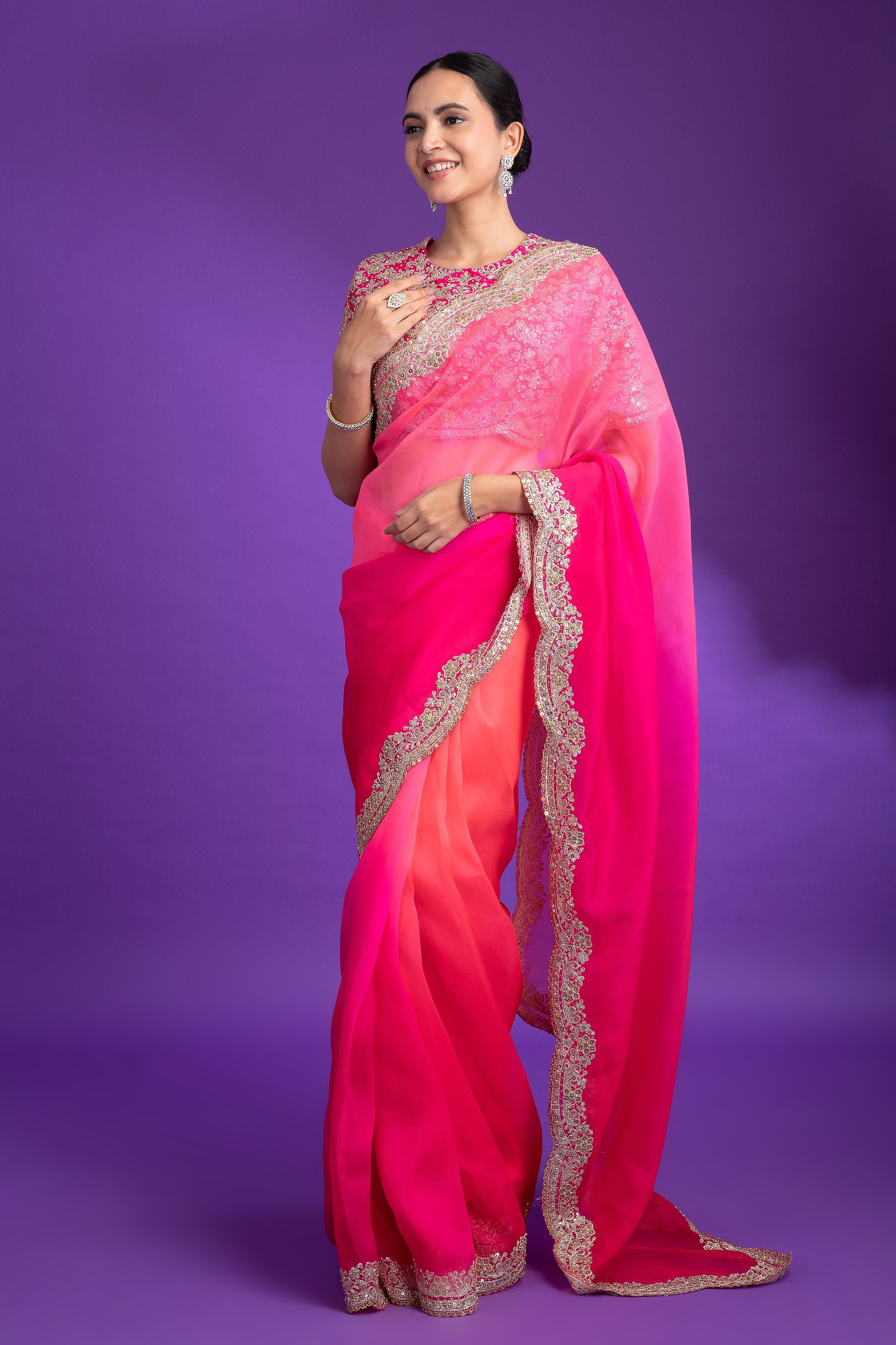 Hot Pink Organza Saree with Zari Border - Mokshaa