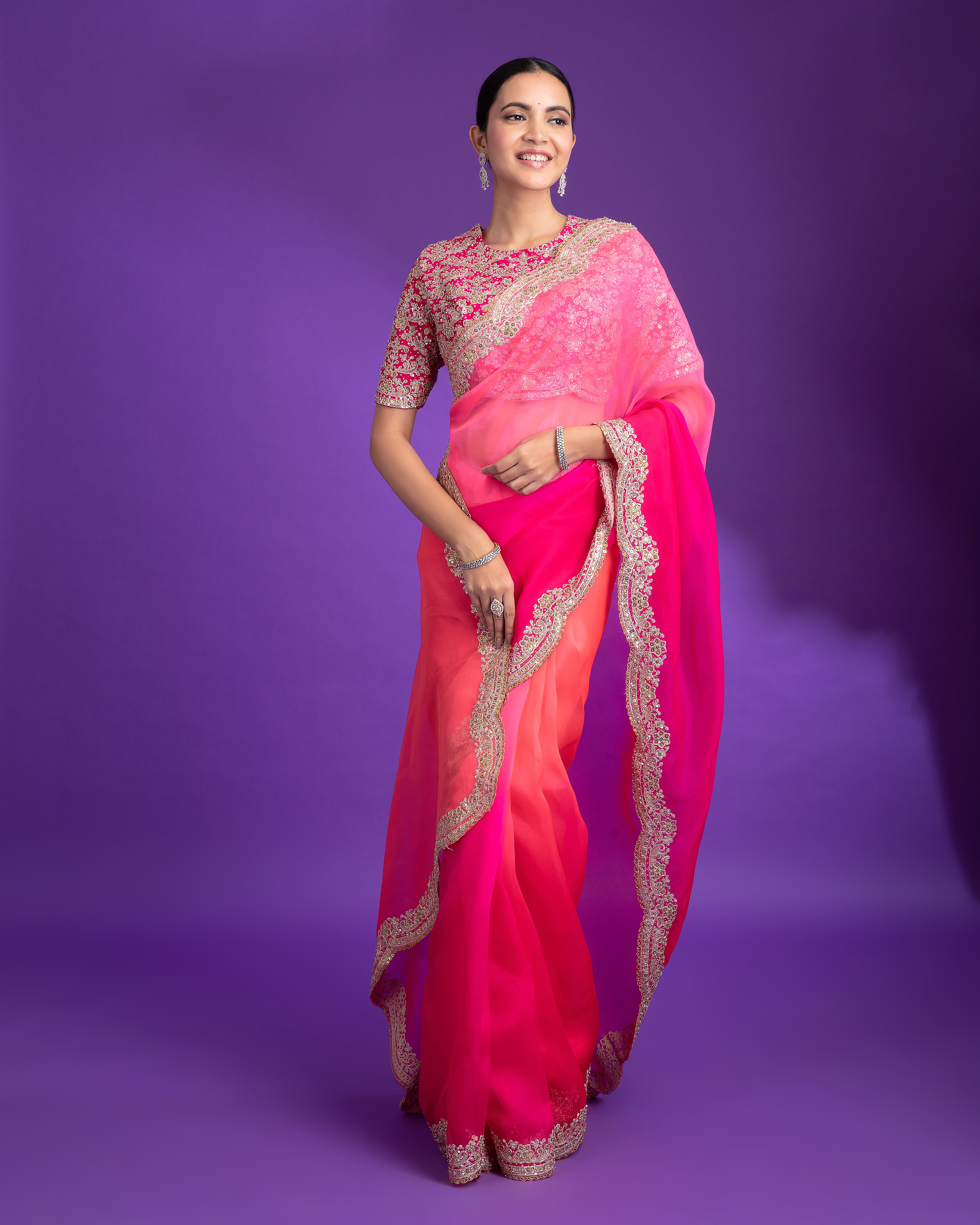 Hot Pink Organza Saree with Zari Border - Mokshaa