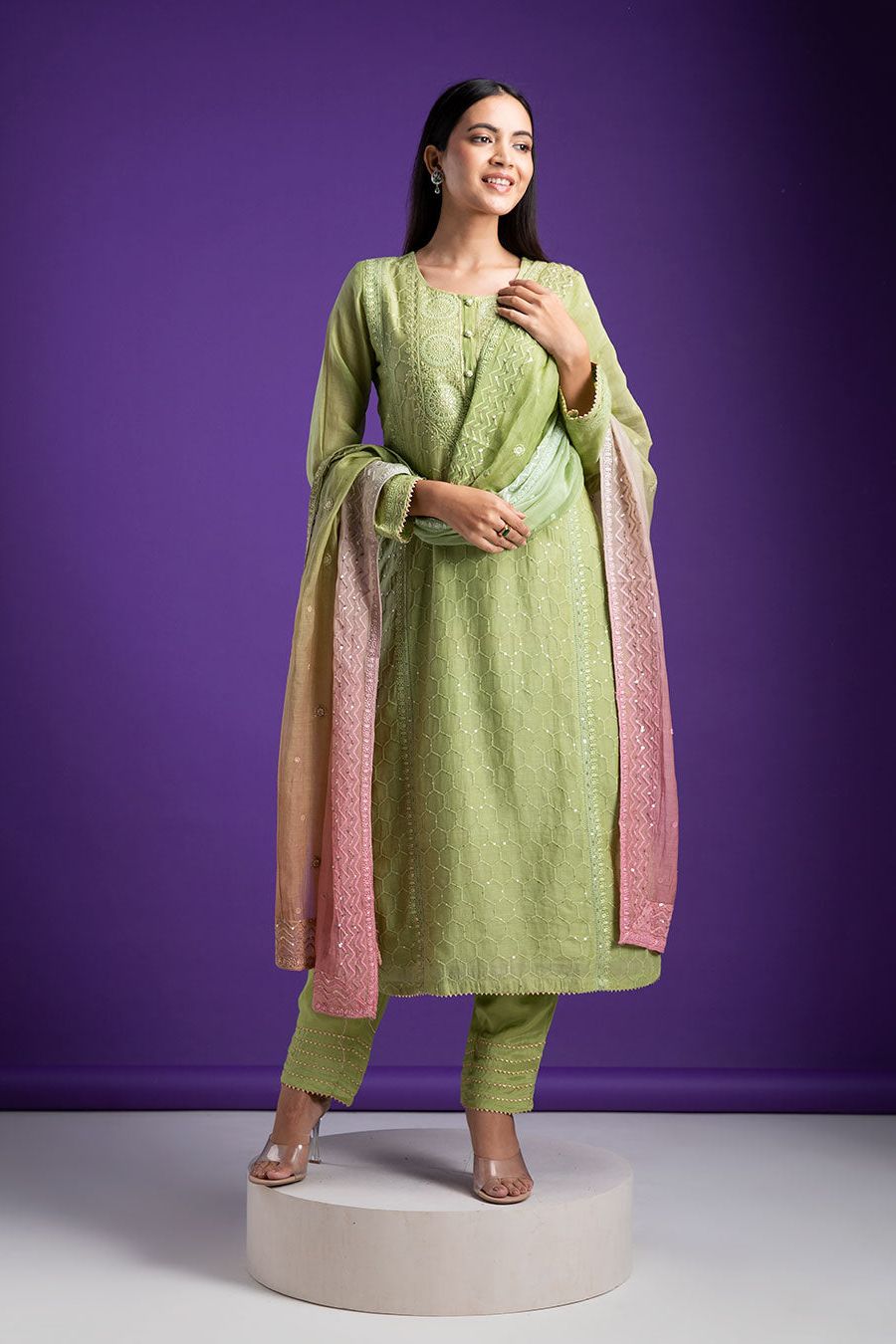 Pistachio Green Embroidered Chanderi Kurta Set - Mokshaa