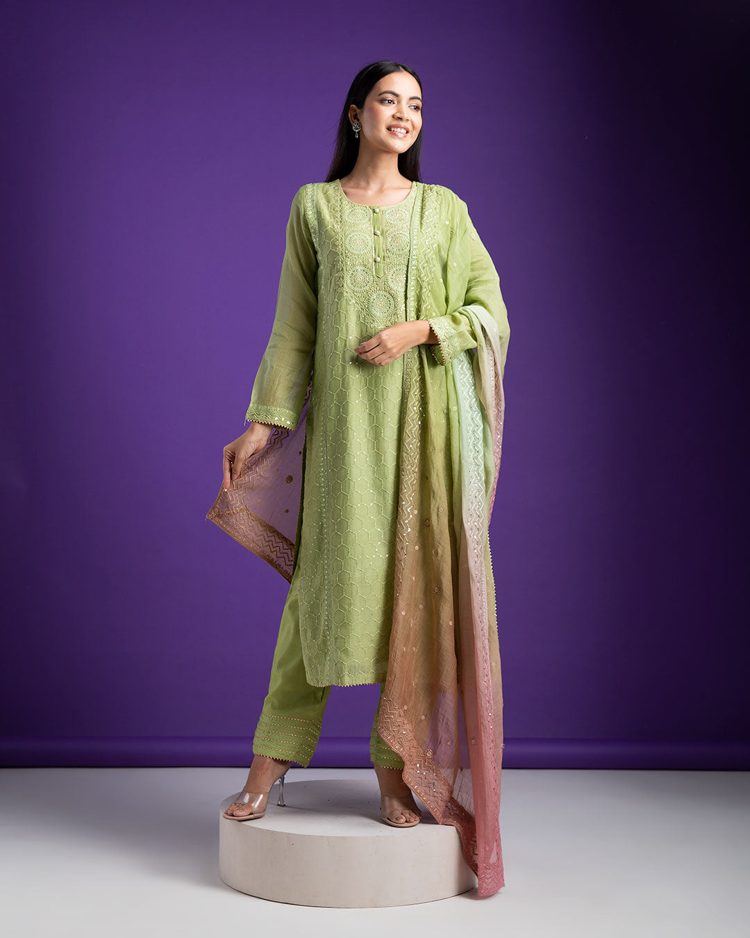 Pistachio Green Embroidered Chanderi Kurta Set - Mokshaa