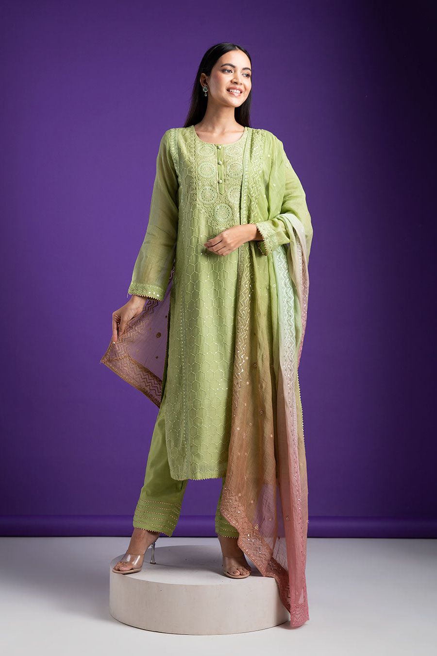 Pistachio Green Embroidered Chanderi Kurta Set - Mokshaa