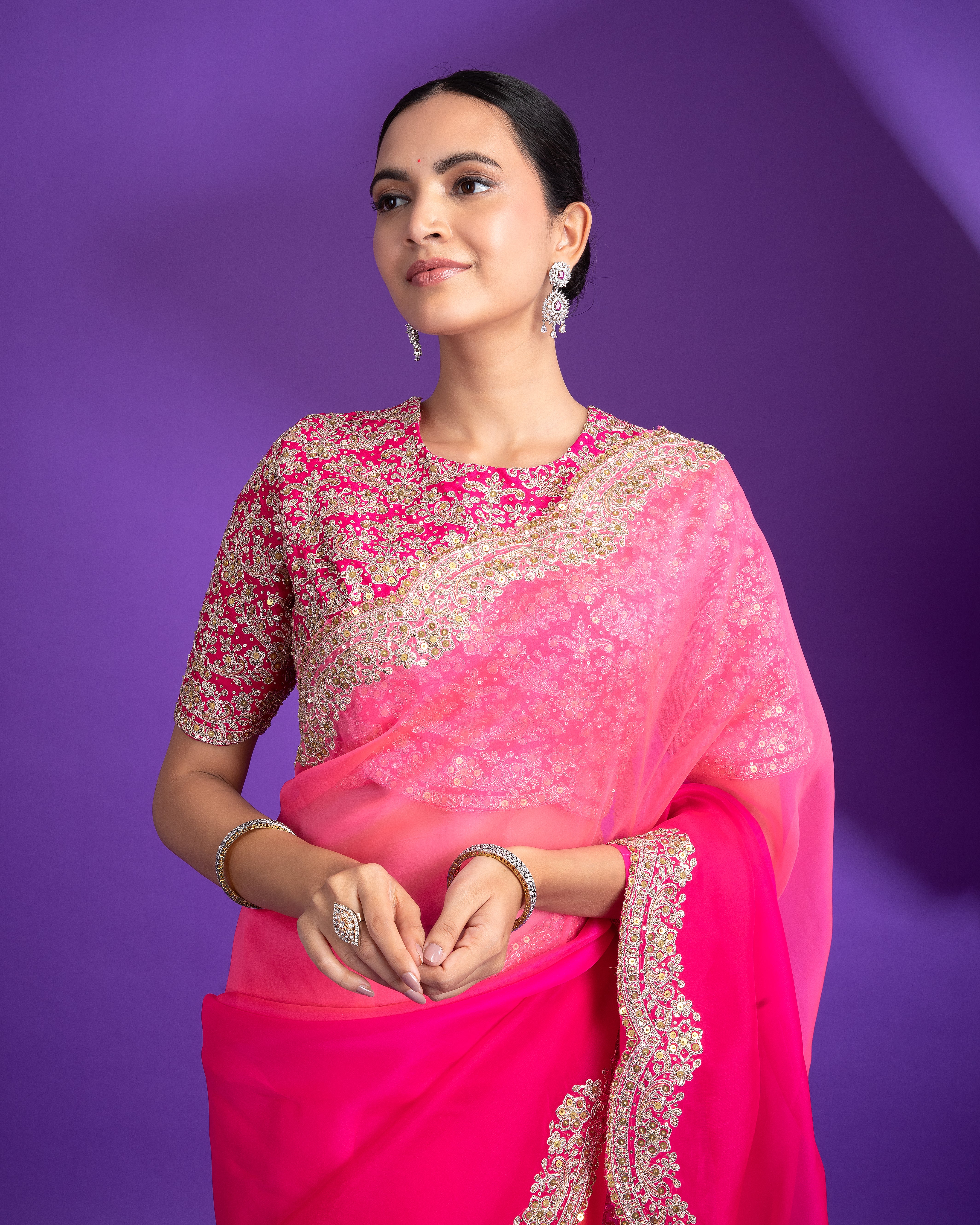 Hot Pink Organza Saree with Zari Border - Mokshaa