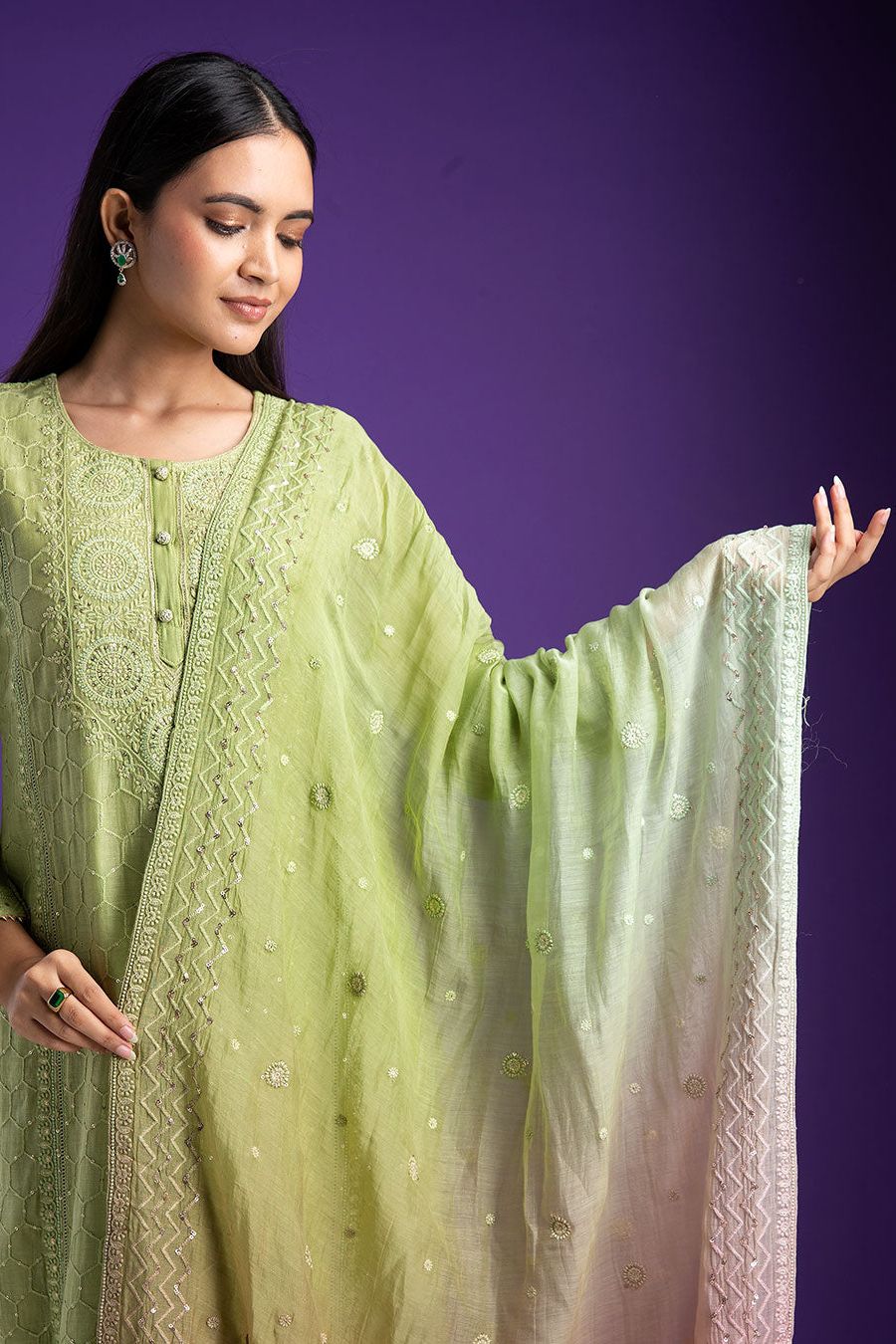 Pistachio Green Embroidered Chanderi Kurta Set - Mokshaa